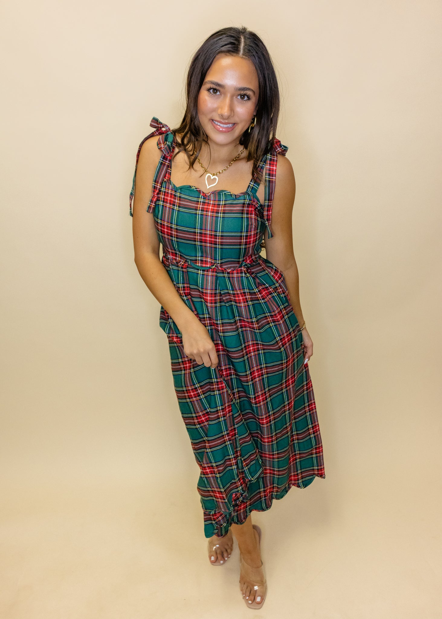 Green Plaid Scallop Accent Midi Dress