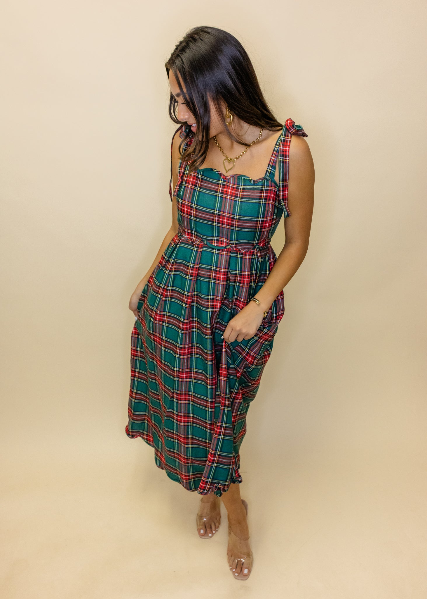 Green Plaid Scallop Accent Midi Dress