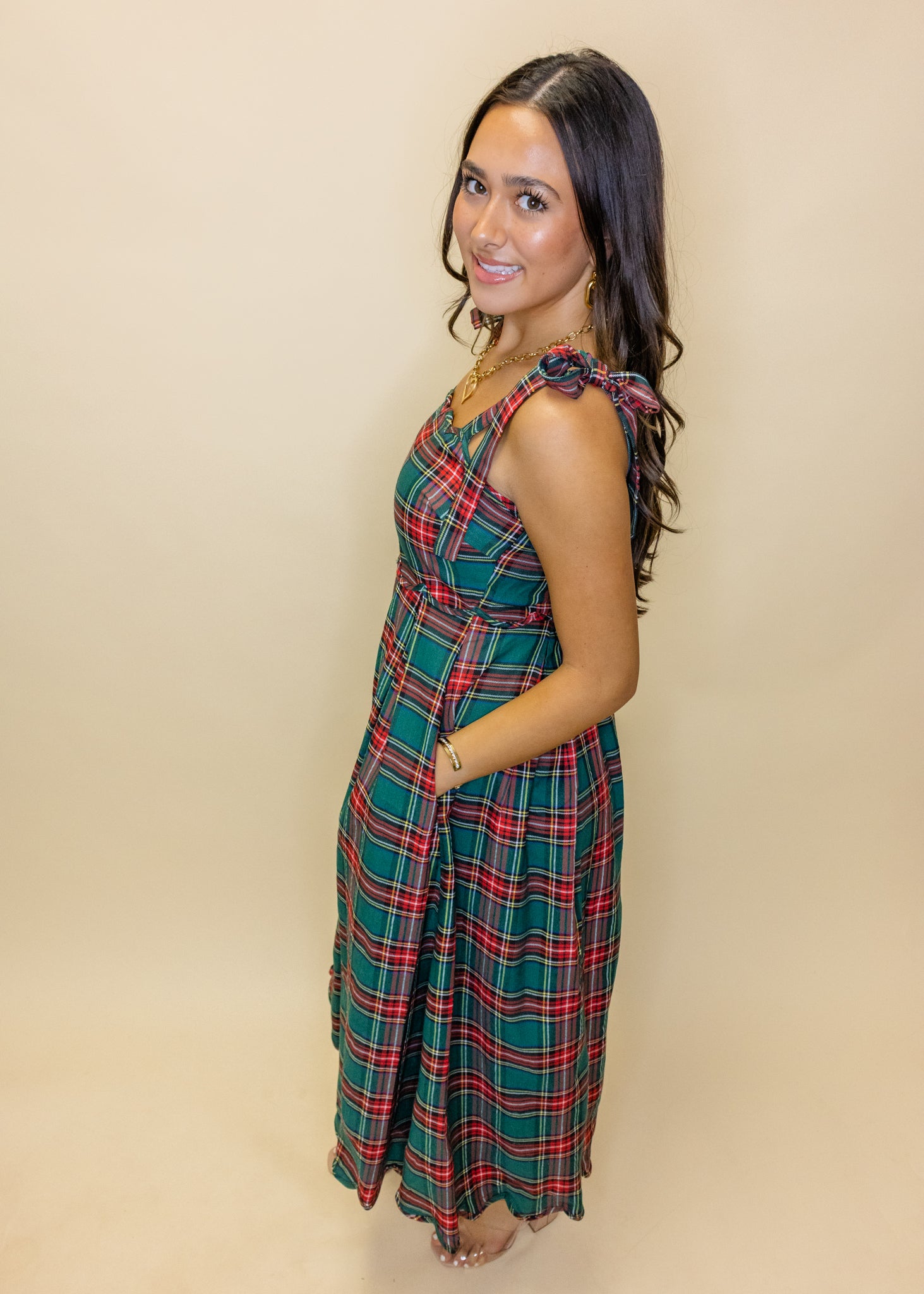 Green Plaid Scallop Accent Midi Dress