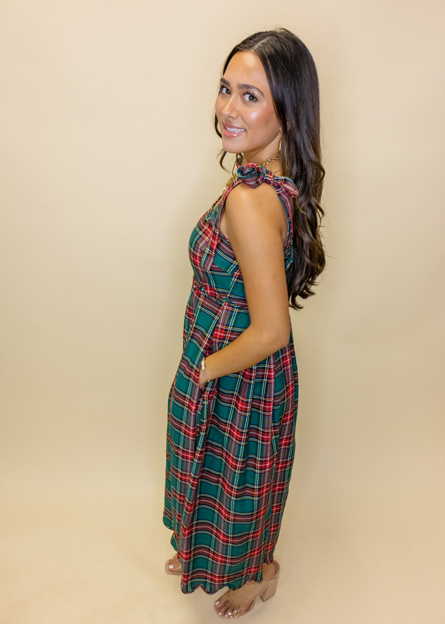 Green Plaid Scallop Accent Midi Dress