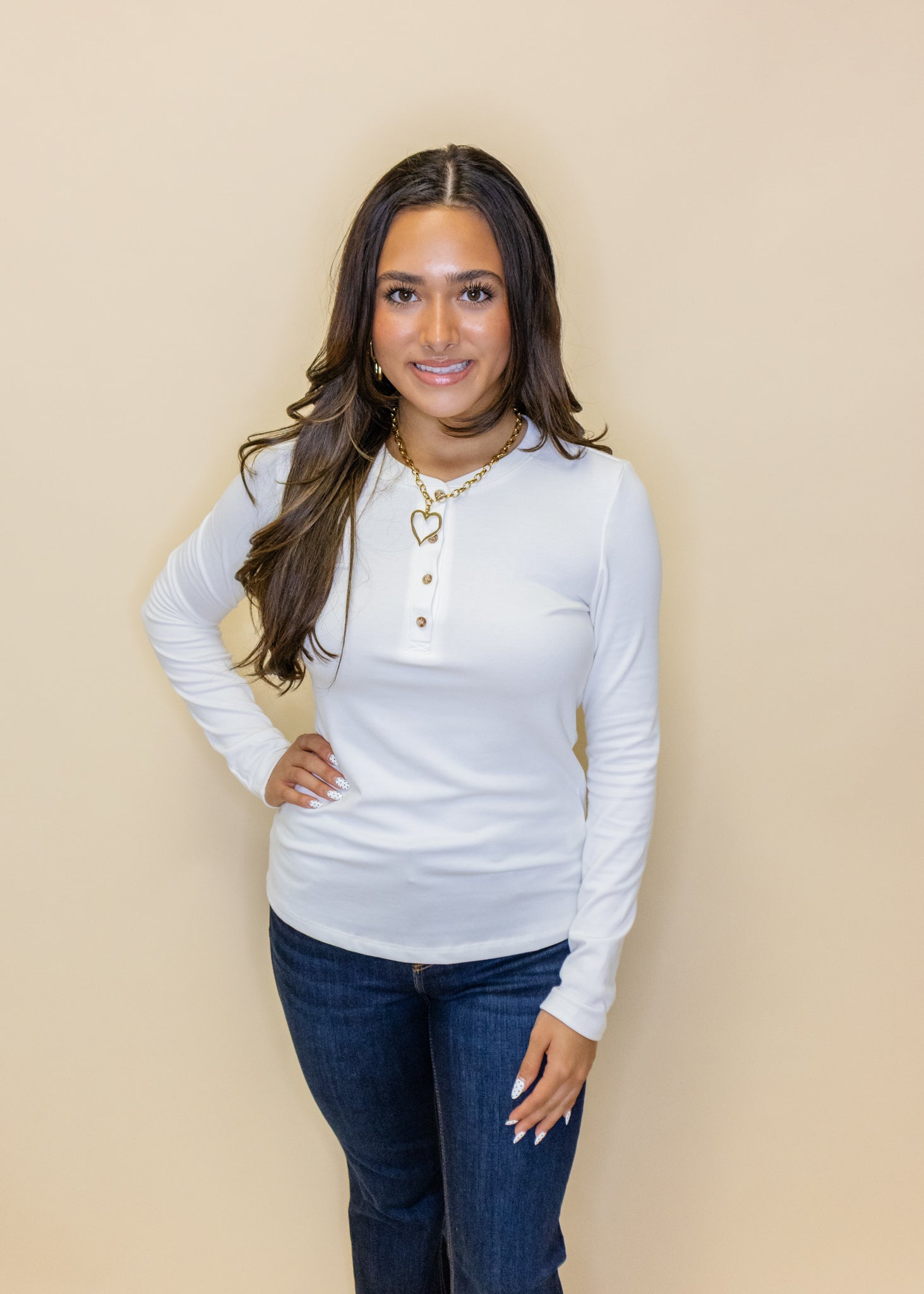 White Long Sleeve Henley Top