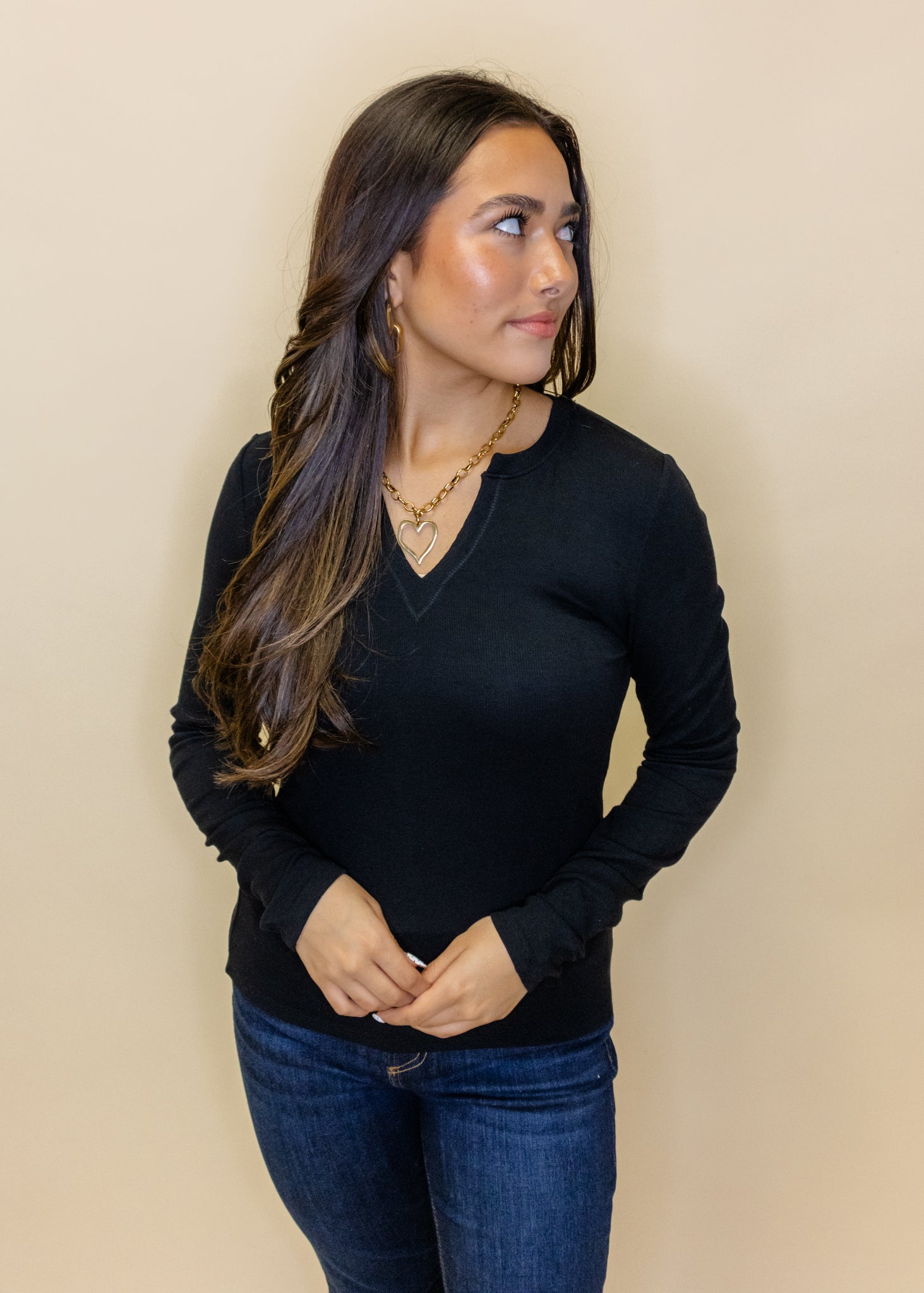 Ribbed Notch Long Sleeve Top
