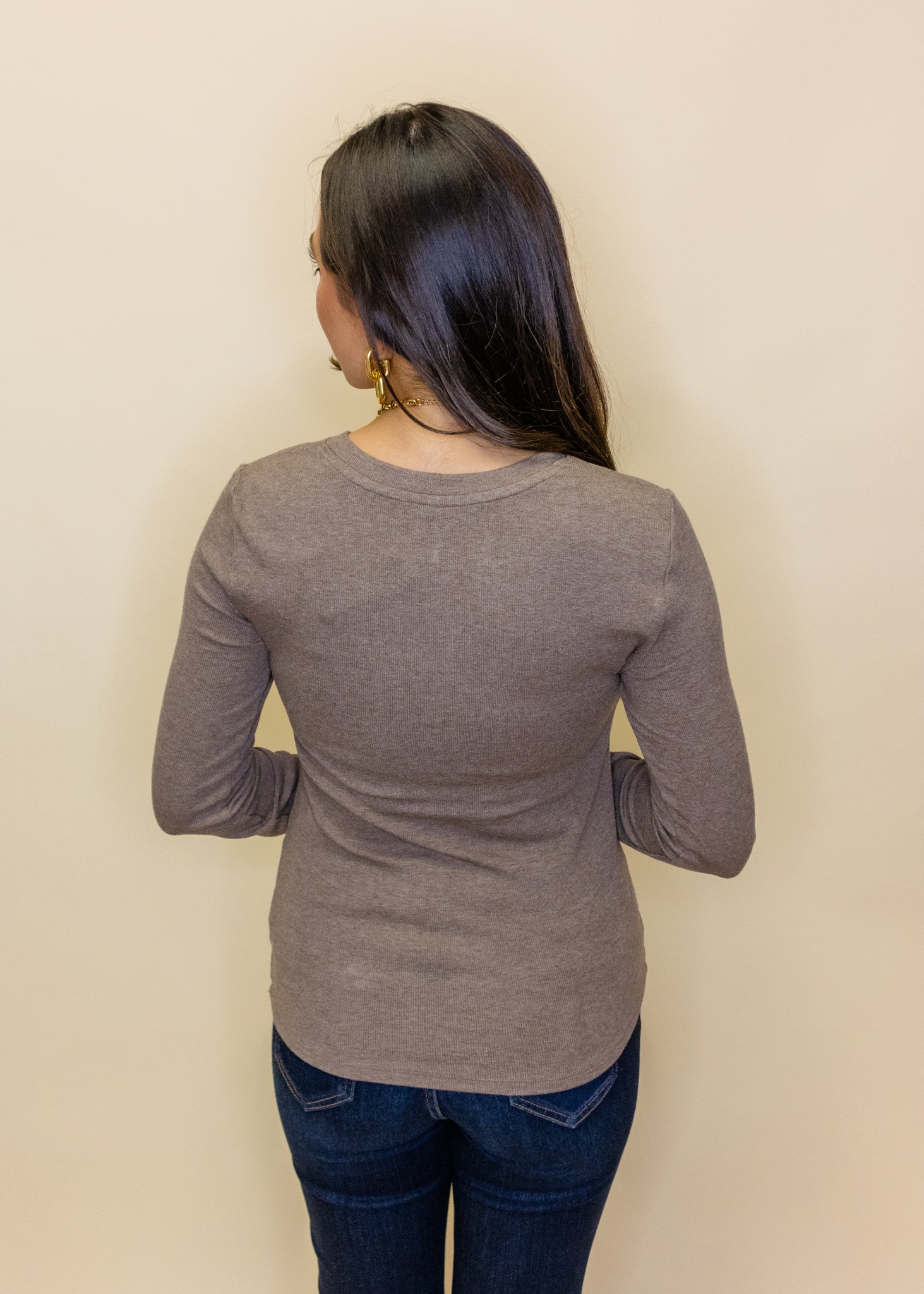 Ribbed Notch Long Sleeve Top