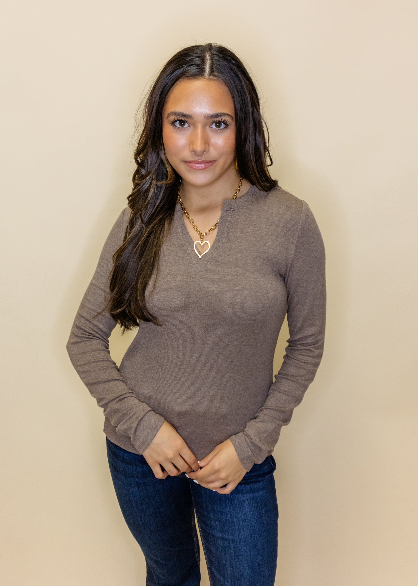 Ribbed Notch Long Sleeve Top