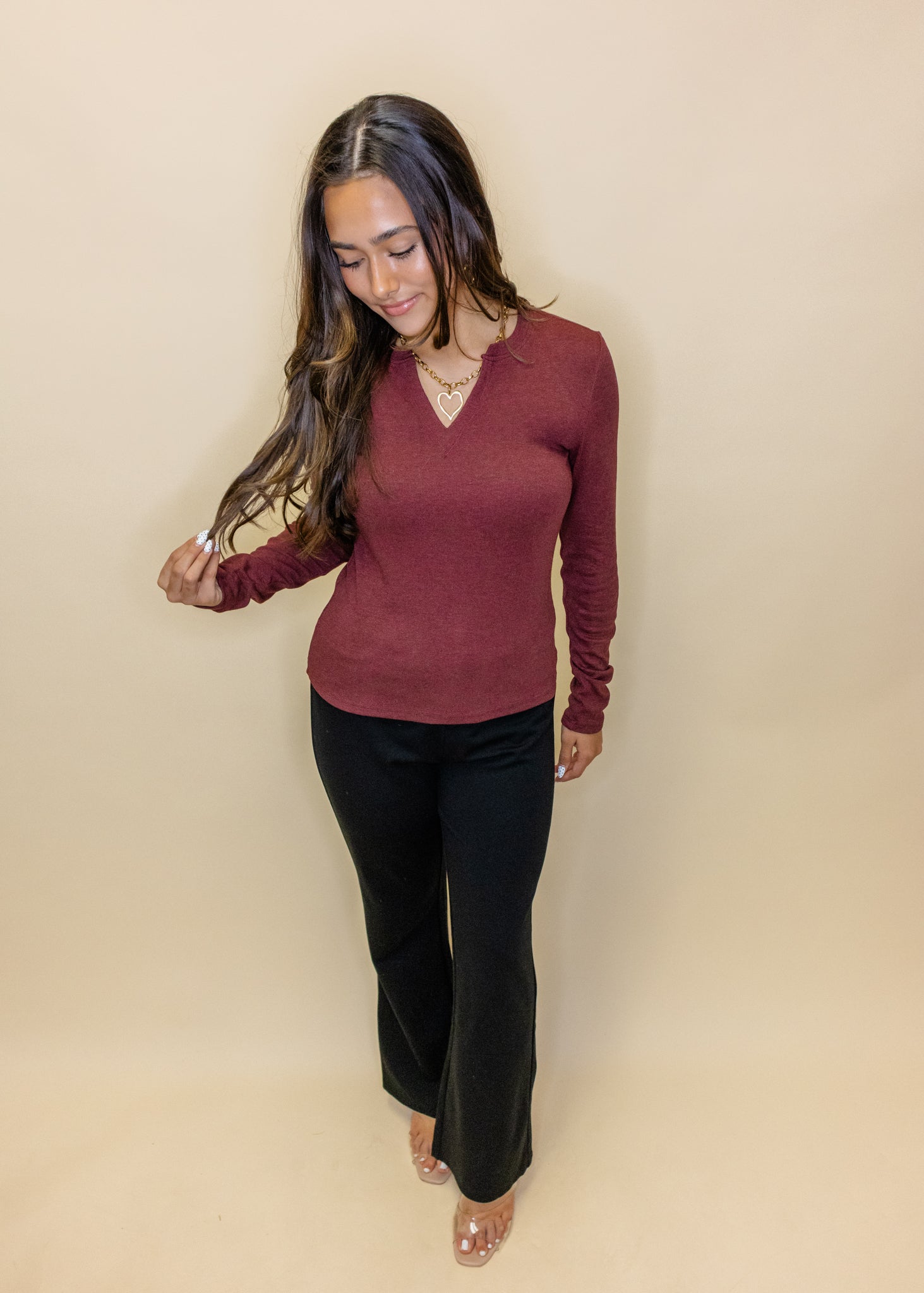 Ribbed Notch Long Sleeve Top