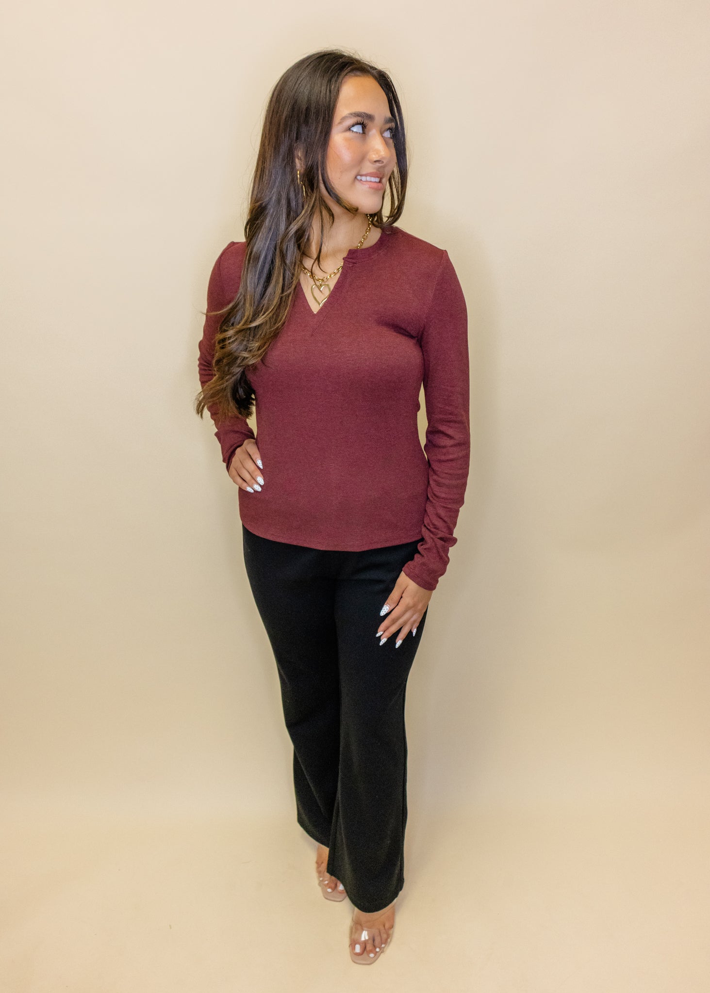 Ribbed Notch Long Sleeve Top