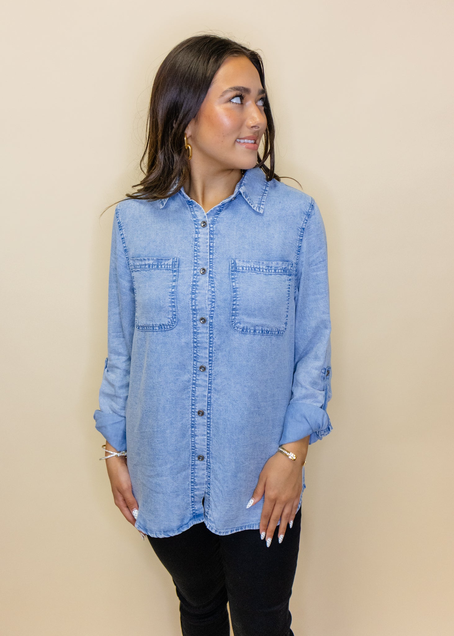 Chambray Button Up Pocket Top