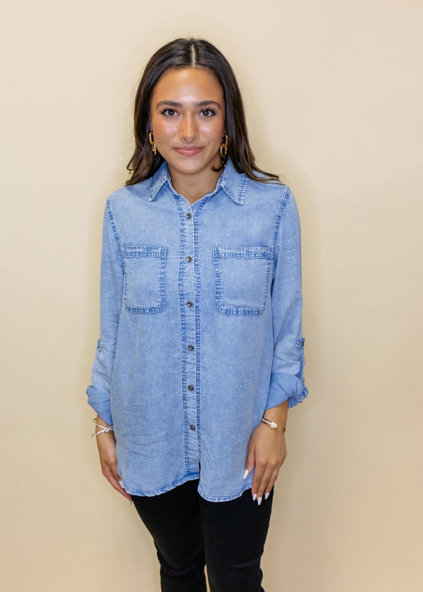 Chambray Button Up Pocket Top