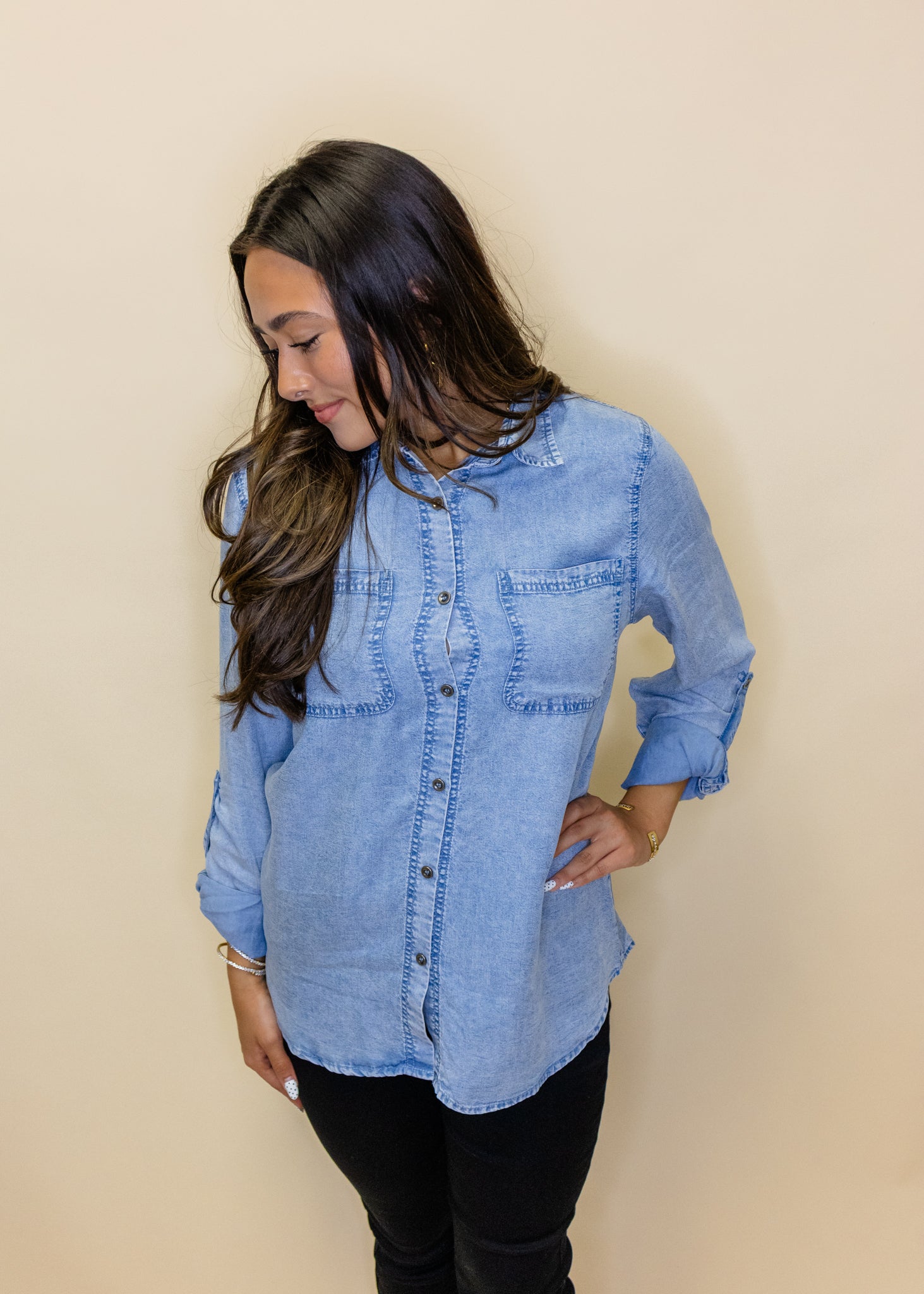 Chambray Button Up Pocket Top