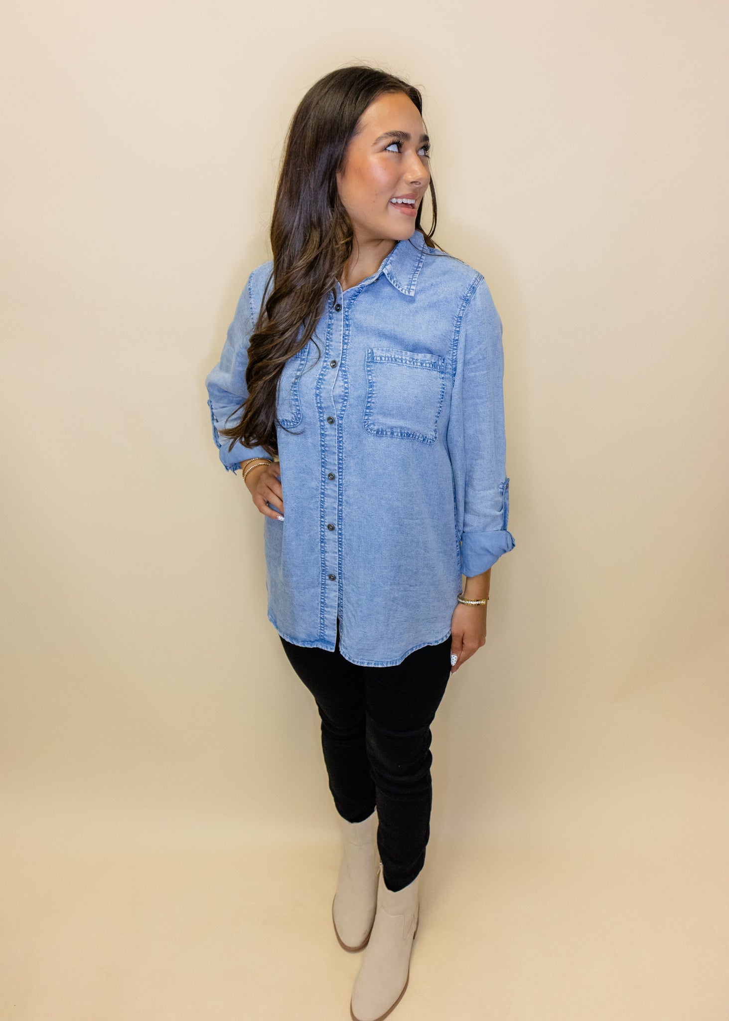Chambray Button Up Pocket Top