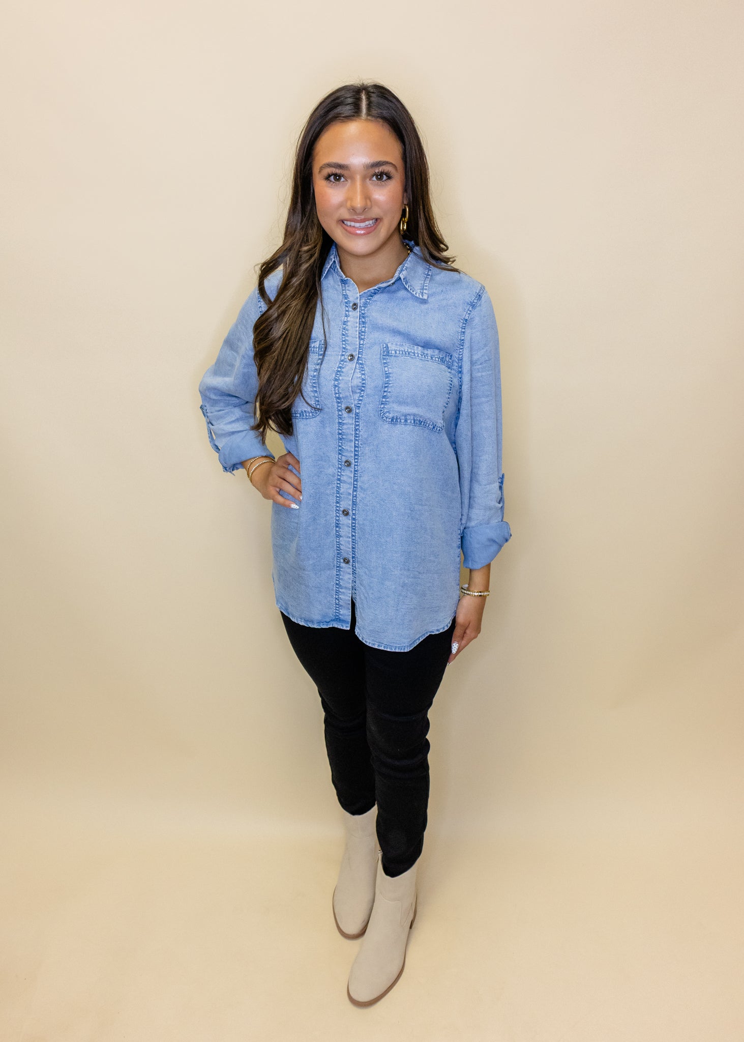 Chambray Button Up Pocket Top