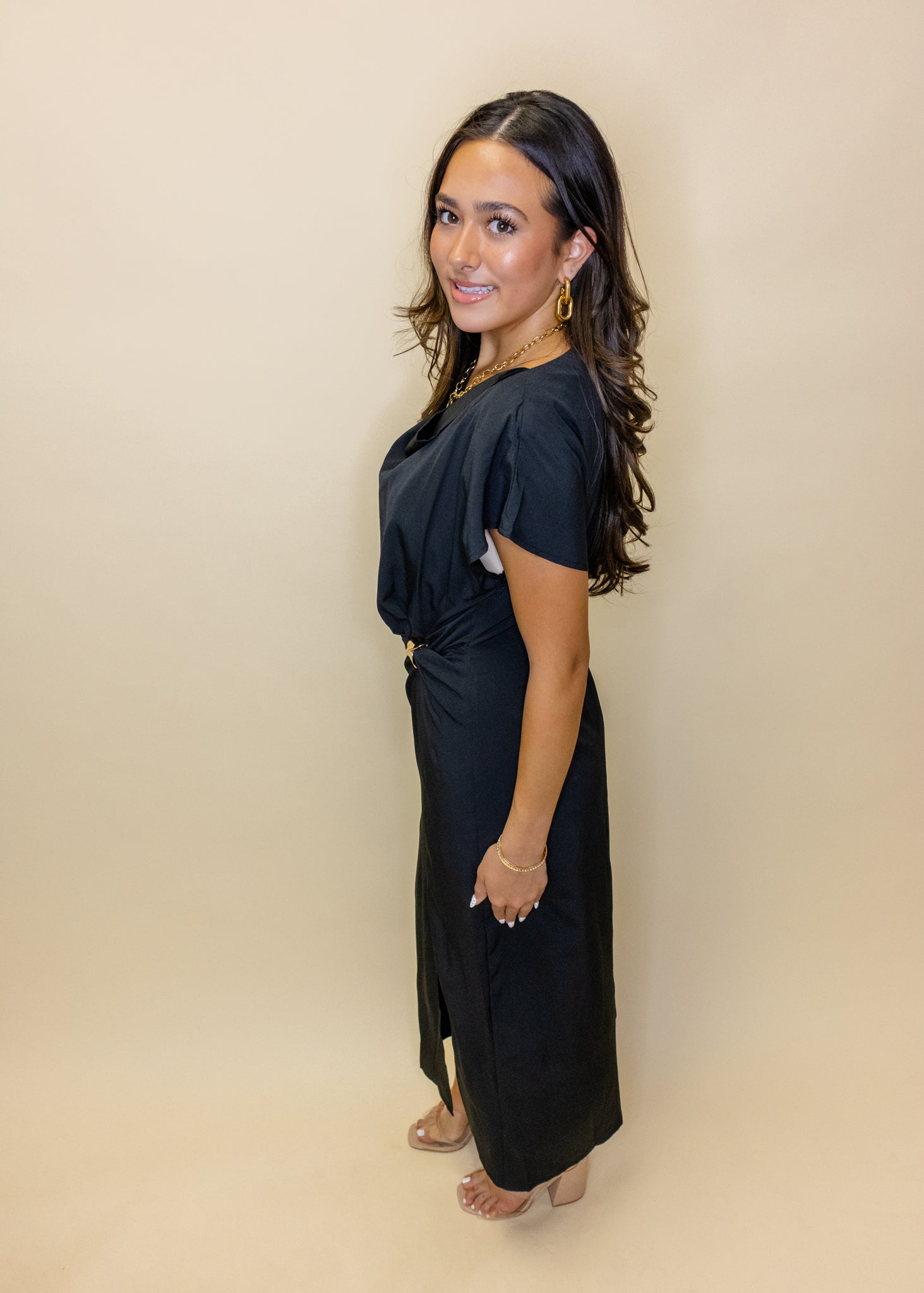 Black Solid Drape Neck Midi Dress