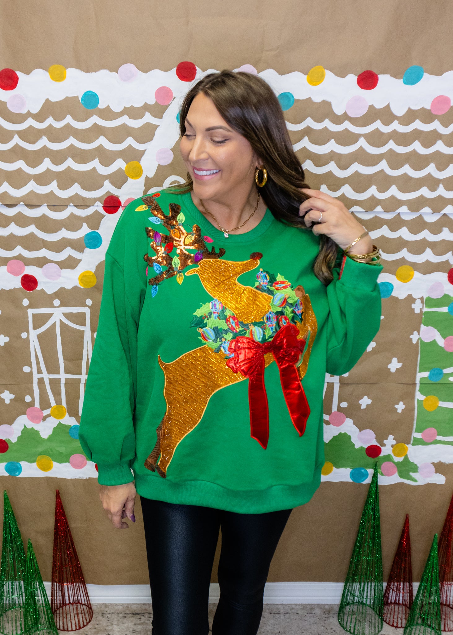 Green Rhinestone Rudolph Wearing A Wreath Sweatshirt