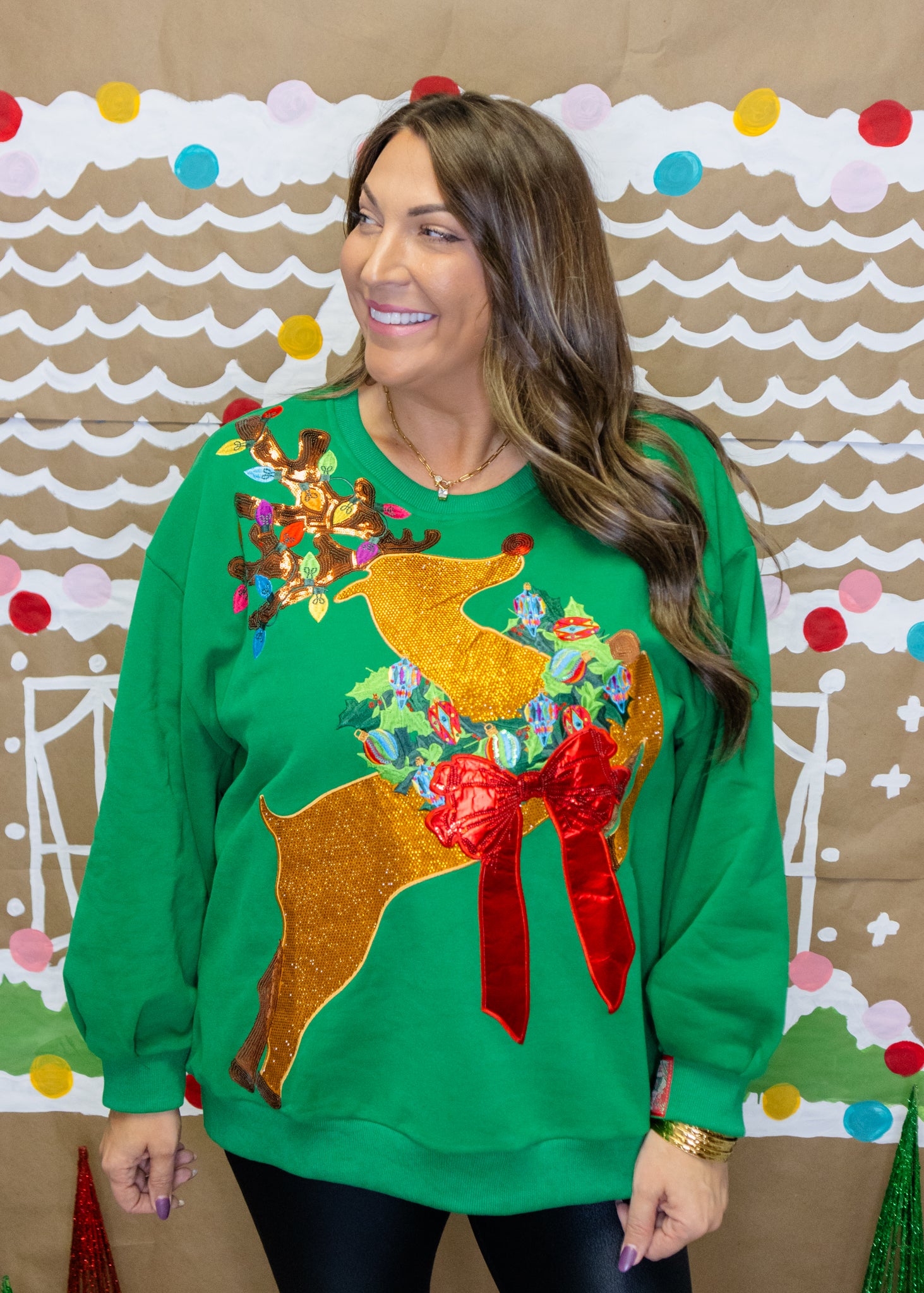 Green Rhinestone Rudolph Wearing A Wreath Sweatshirt