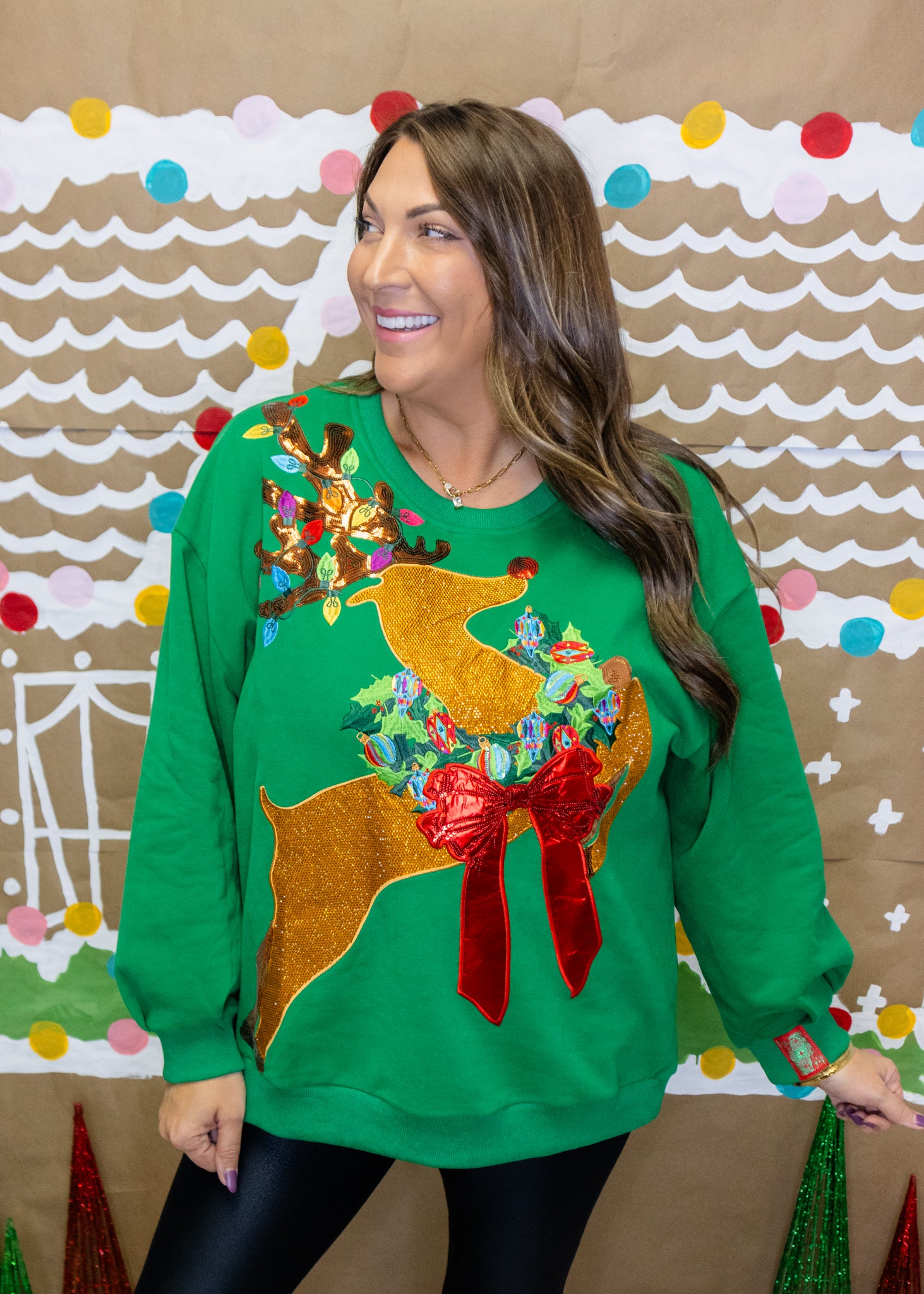 Green Rhinestone Rudolph Wearing A Wreath Sweatshirt