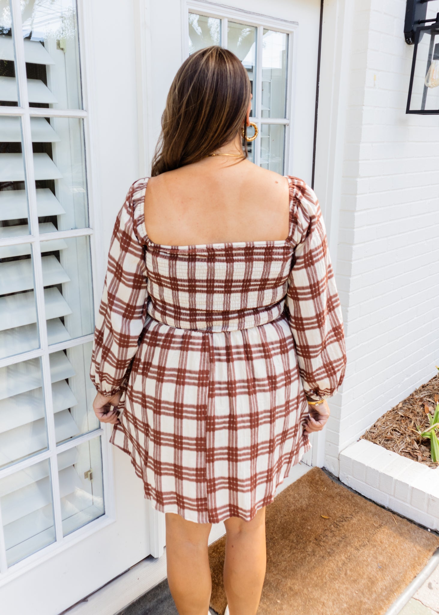 Brown Plaid Bow Smocked Dress