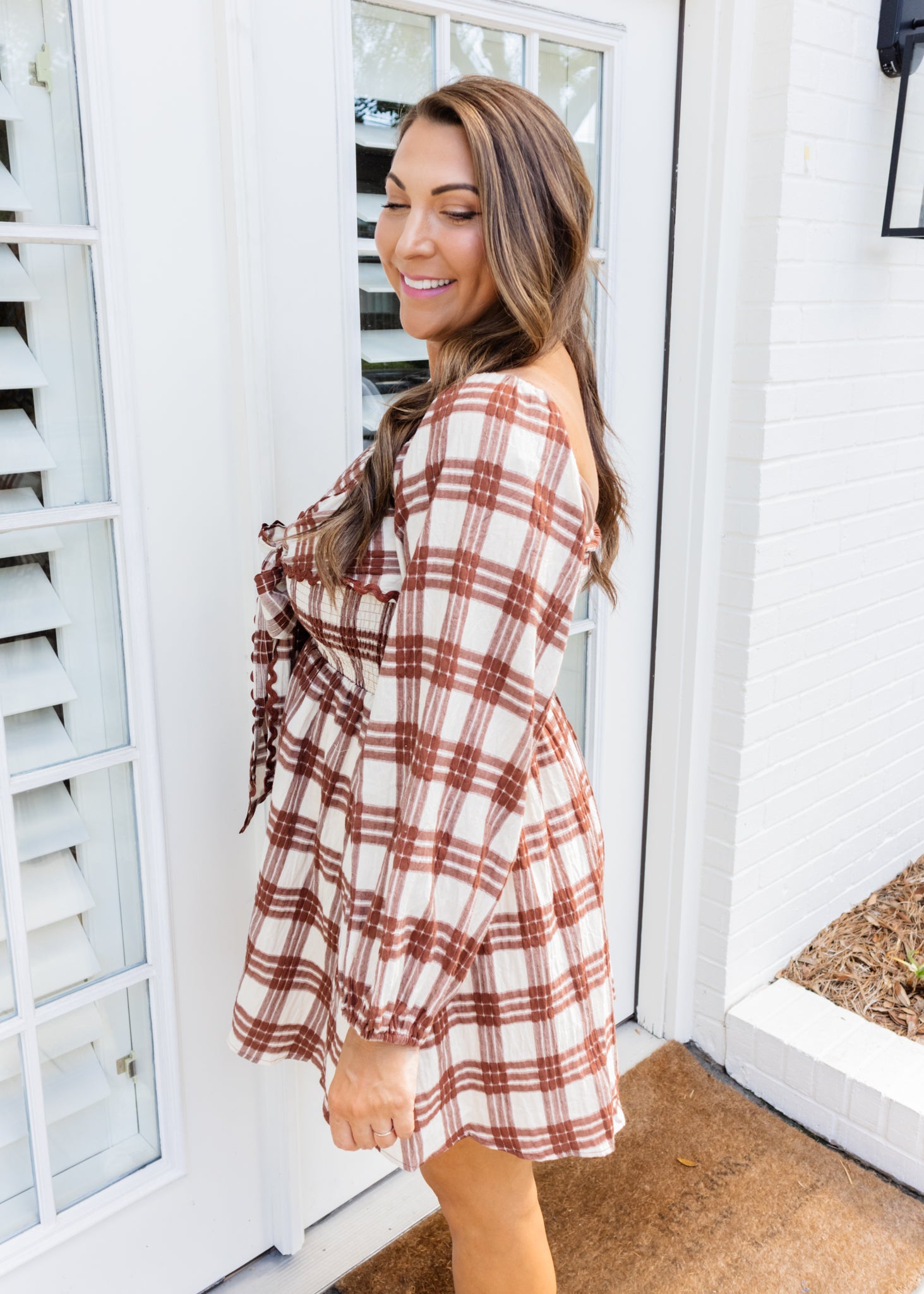 Brown Plaid Bow Smocked Dress