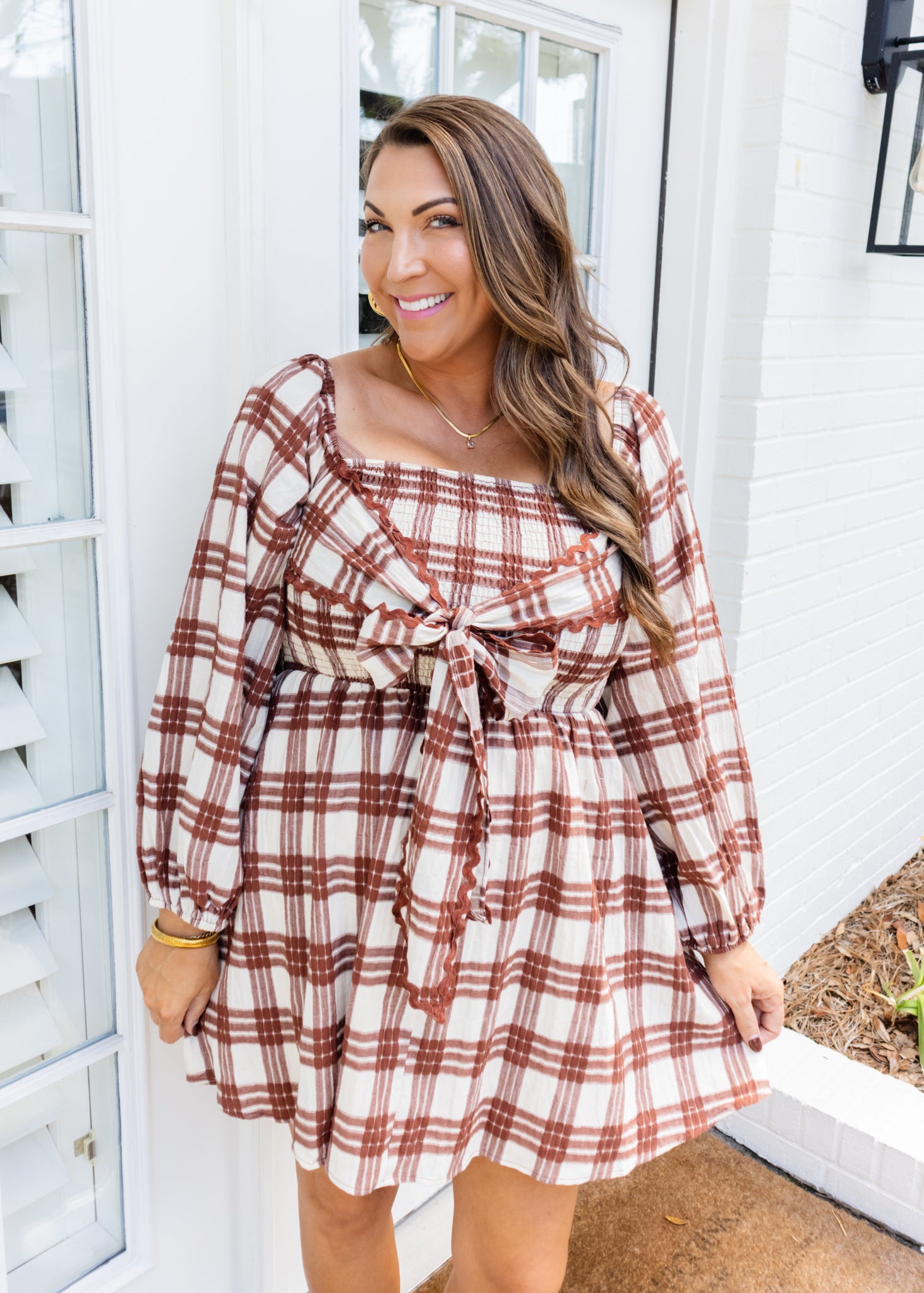 Brown Plaid Bow Smocked Dress