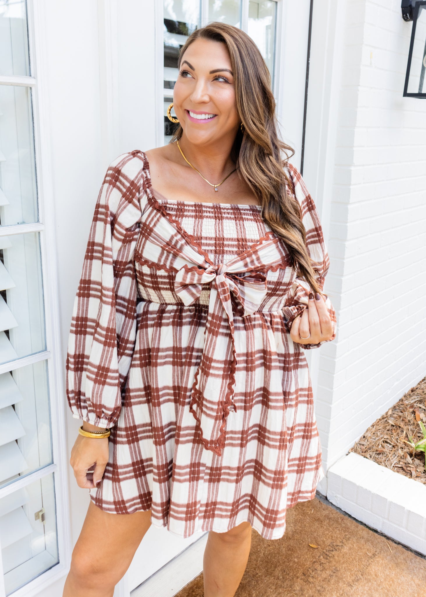 Brown Plaid Bow Smocked Dress