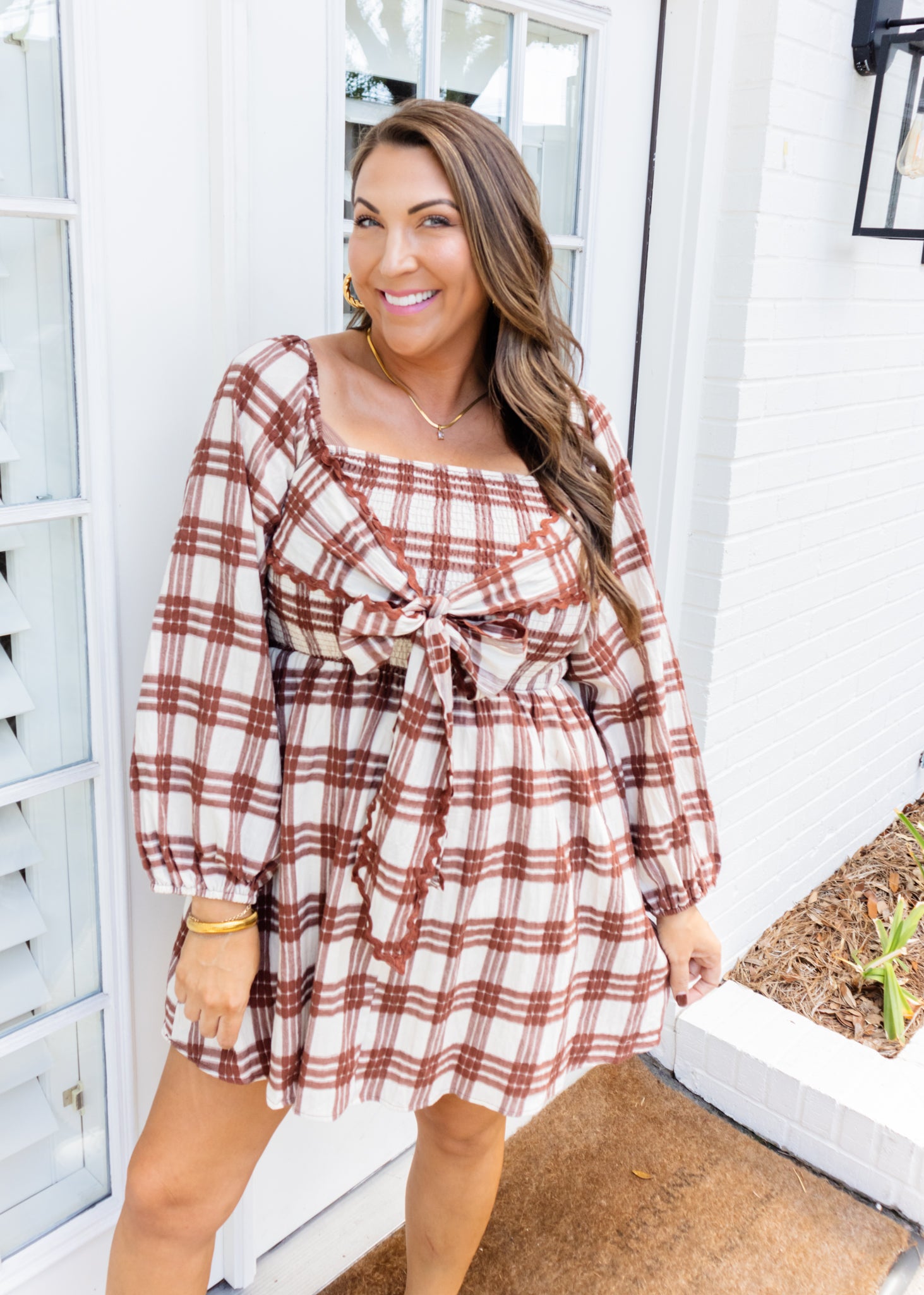 Brown Plaid Bow Smocked Dress