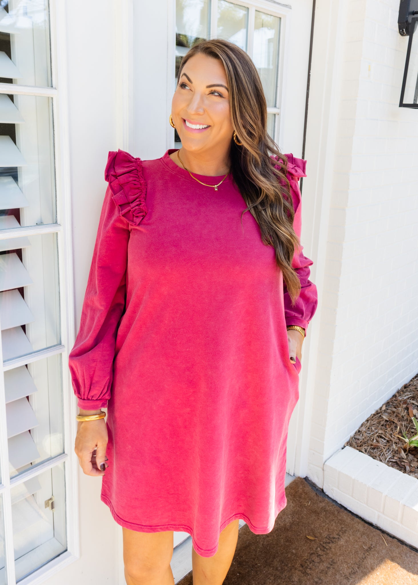 Burgundy Frill Sleeve Dress