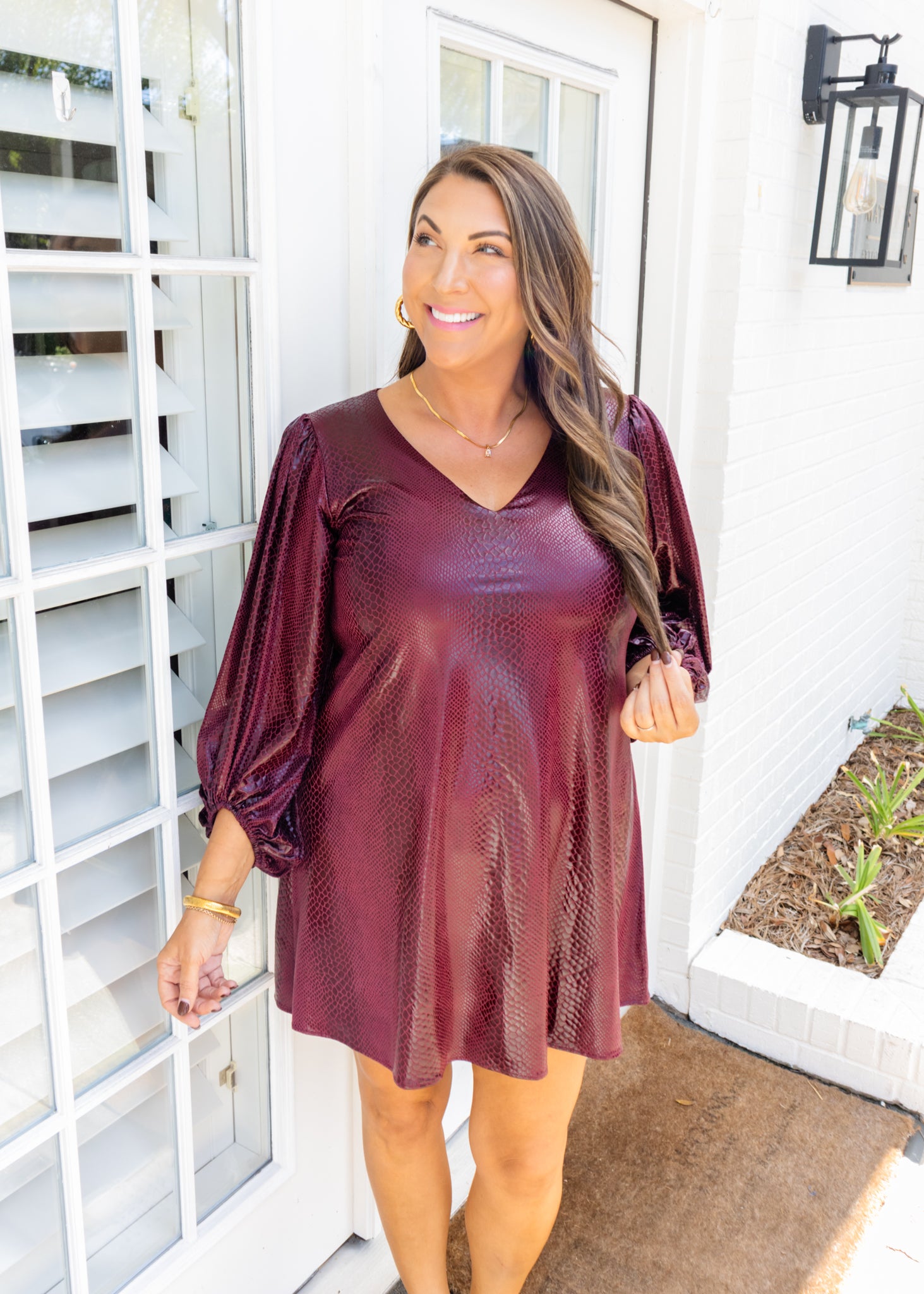 Bordeaux Snake Puff Sleeve Dress