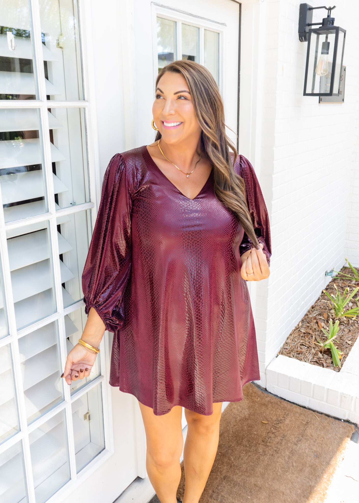 Bordeaux Snake Puff Sleeve Dress