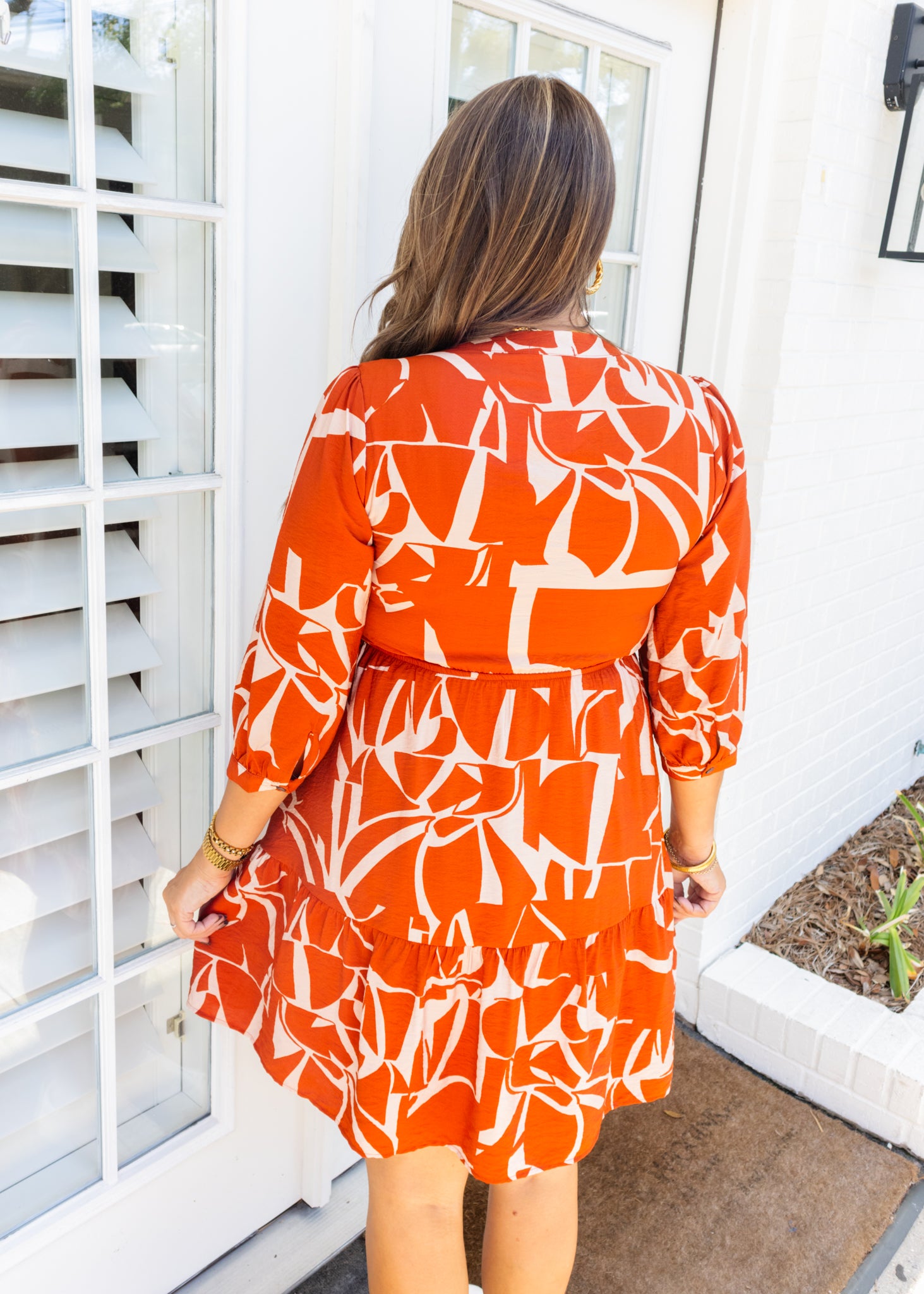 Rust Abstract Button Smocked Dress