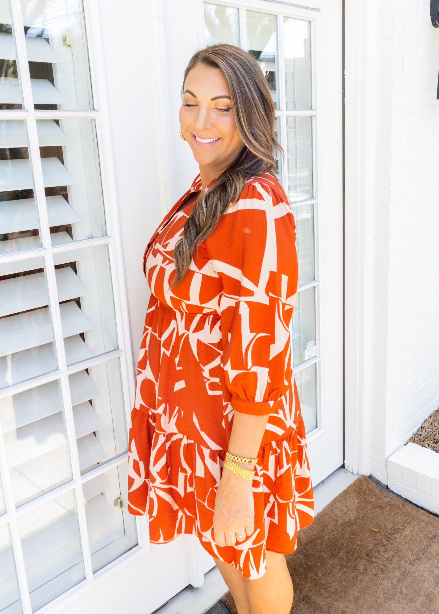 Rust Abstract Button Smocked Dress