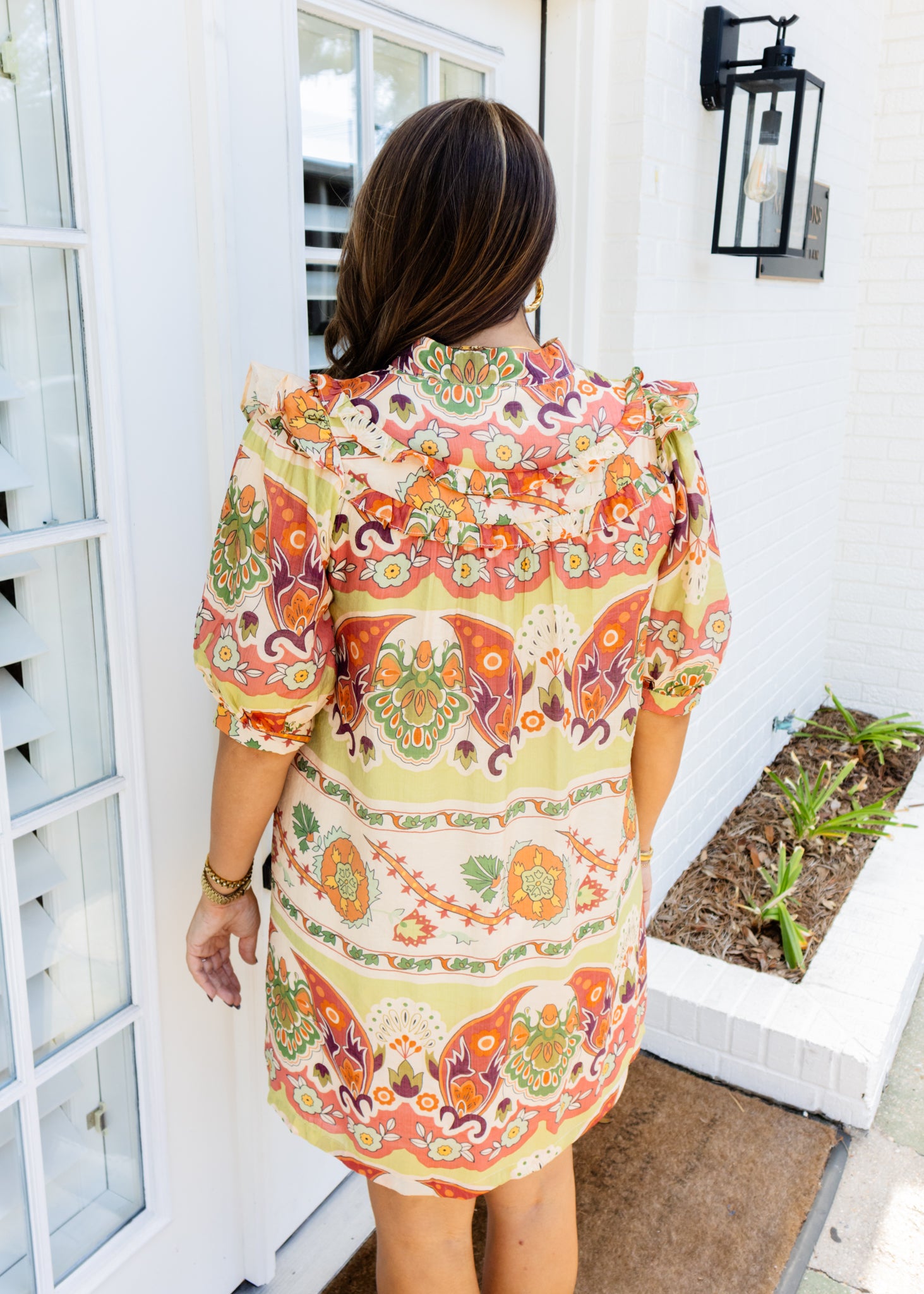 Green Print Ruffle Neck Dress