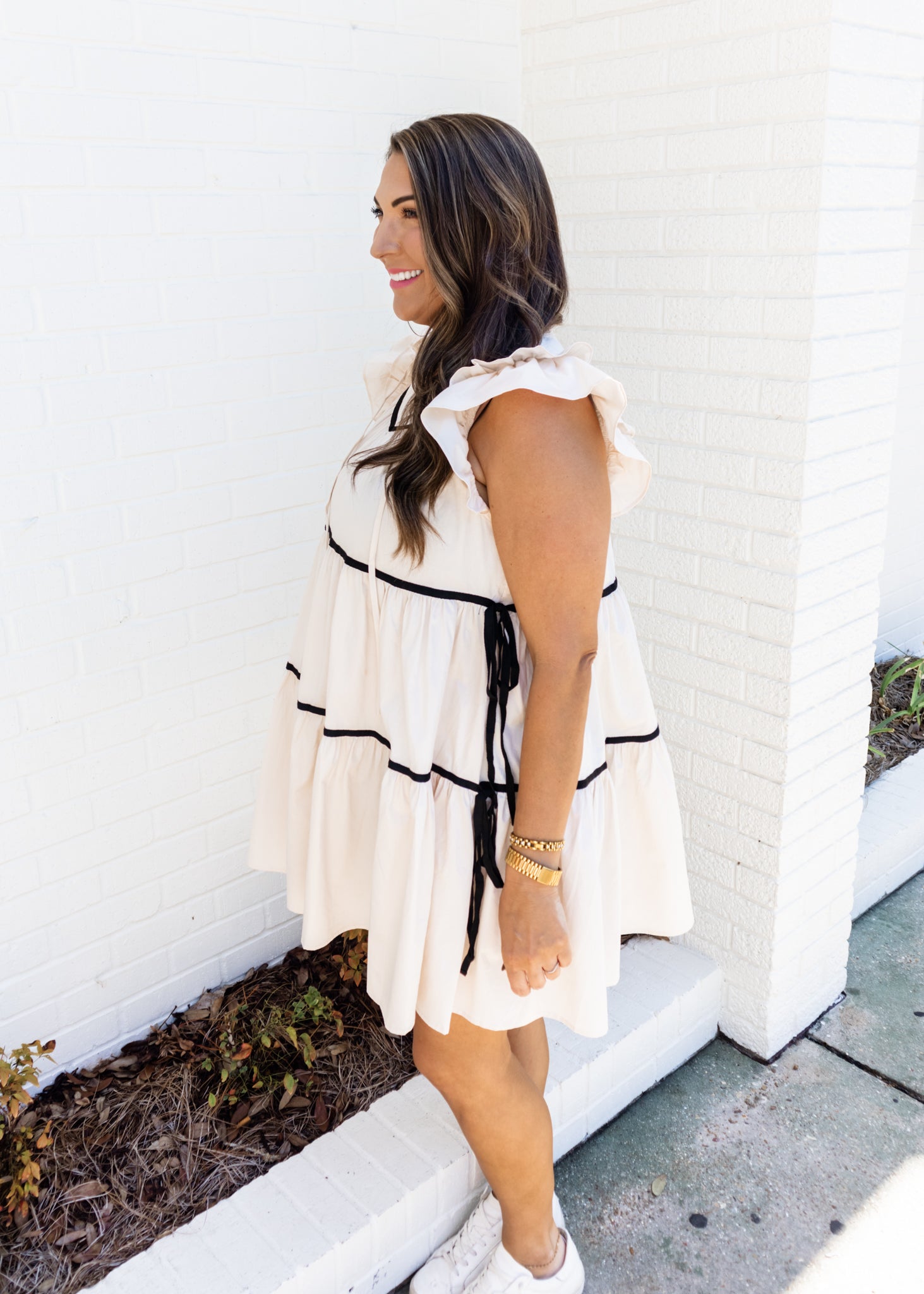 Lena Cream Ribbon Tiered Dress