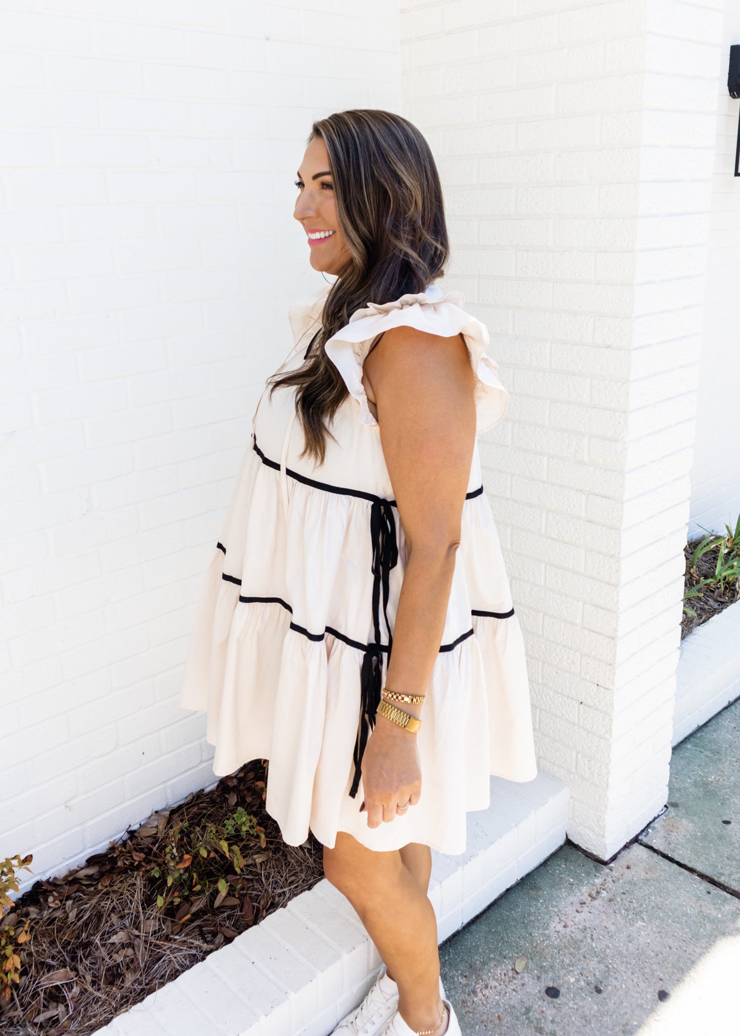 Lena Cream Ribbon Tiered Dress