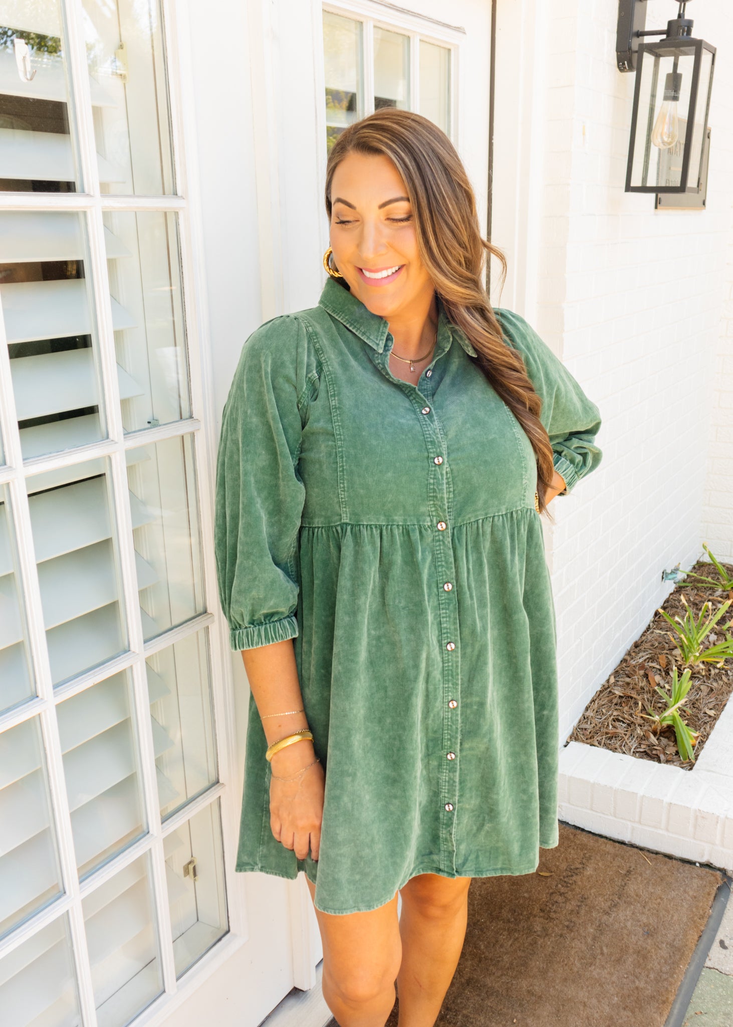 Green Corduroy Button Down Dress