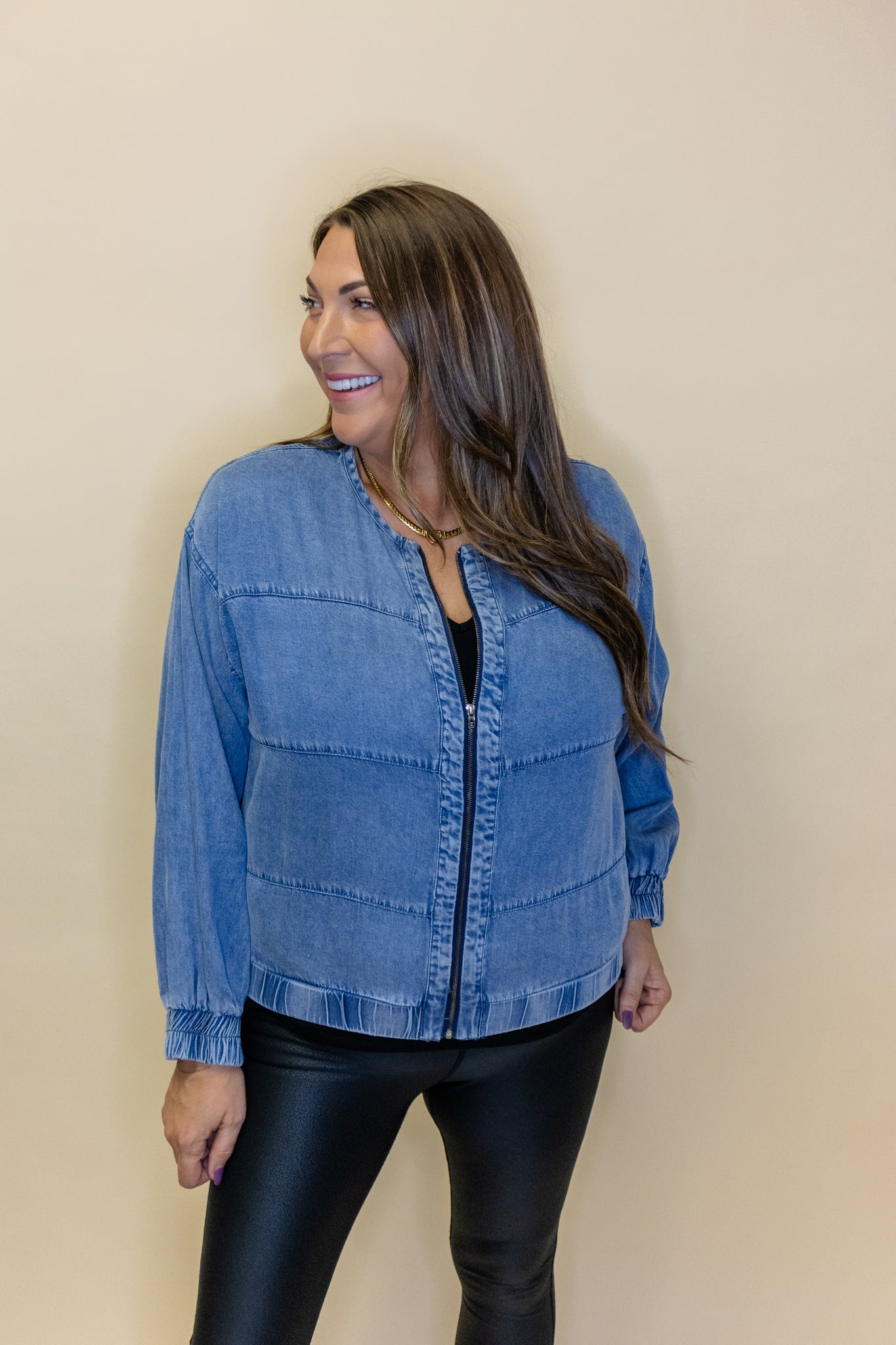 Denim Zipper Bomber Jacket