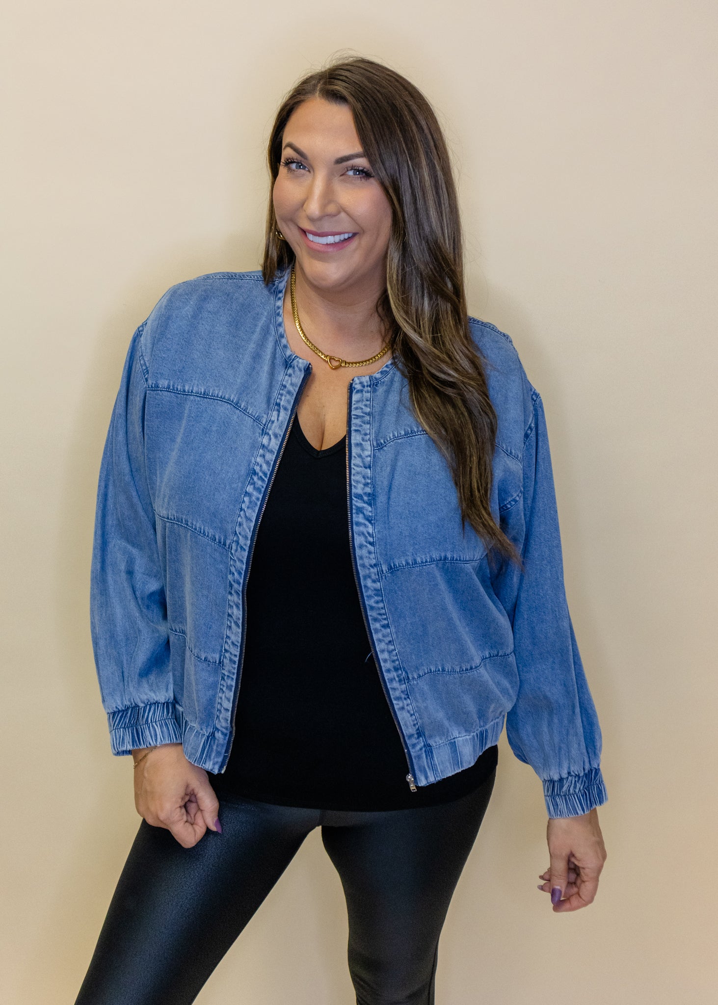 Denim Zipper Bomber Jacket
