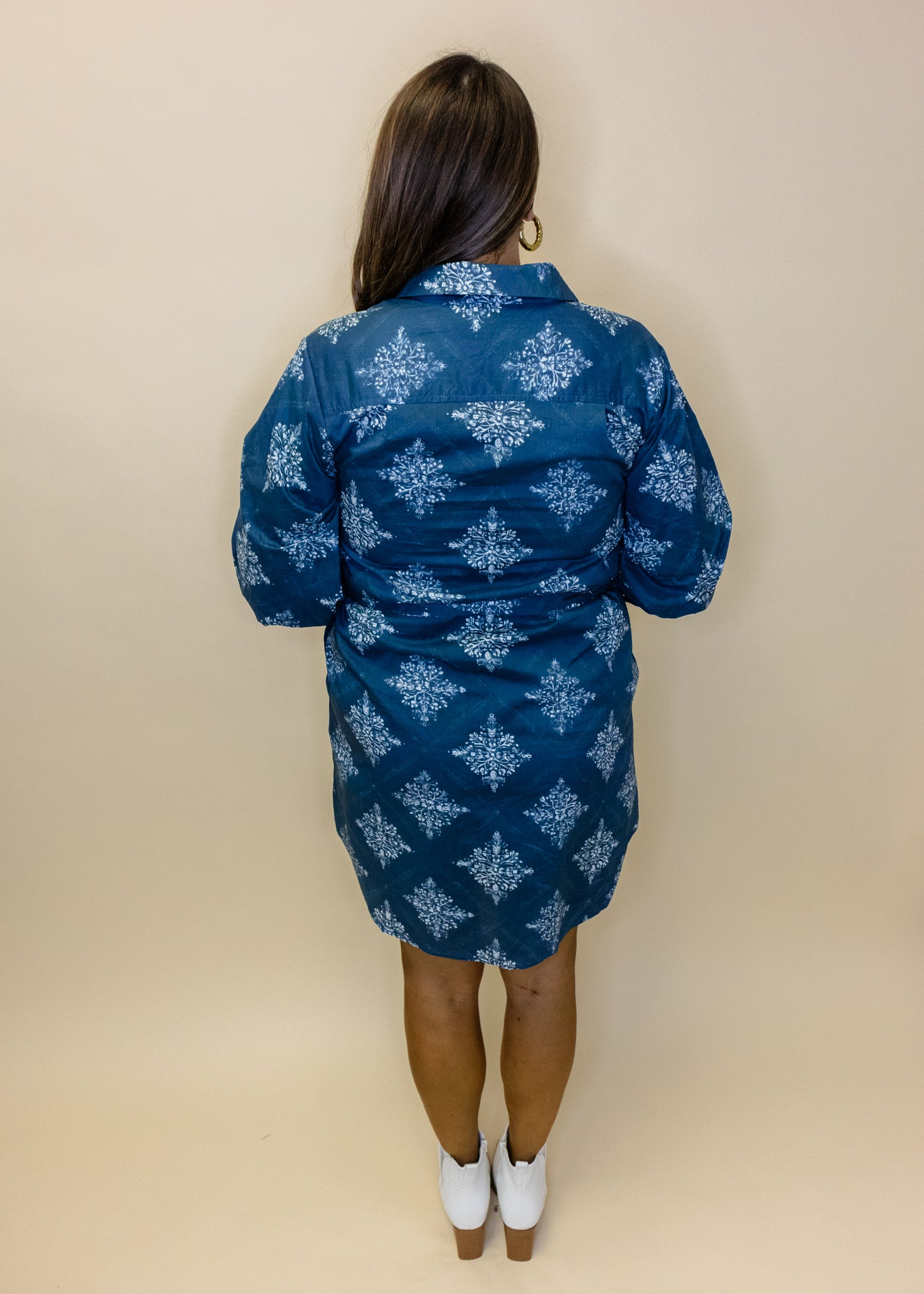 Navy Medallion Print 3/4 Sleeve Dress