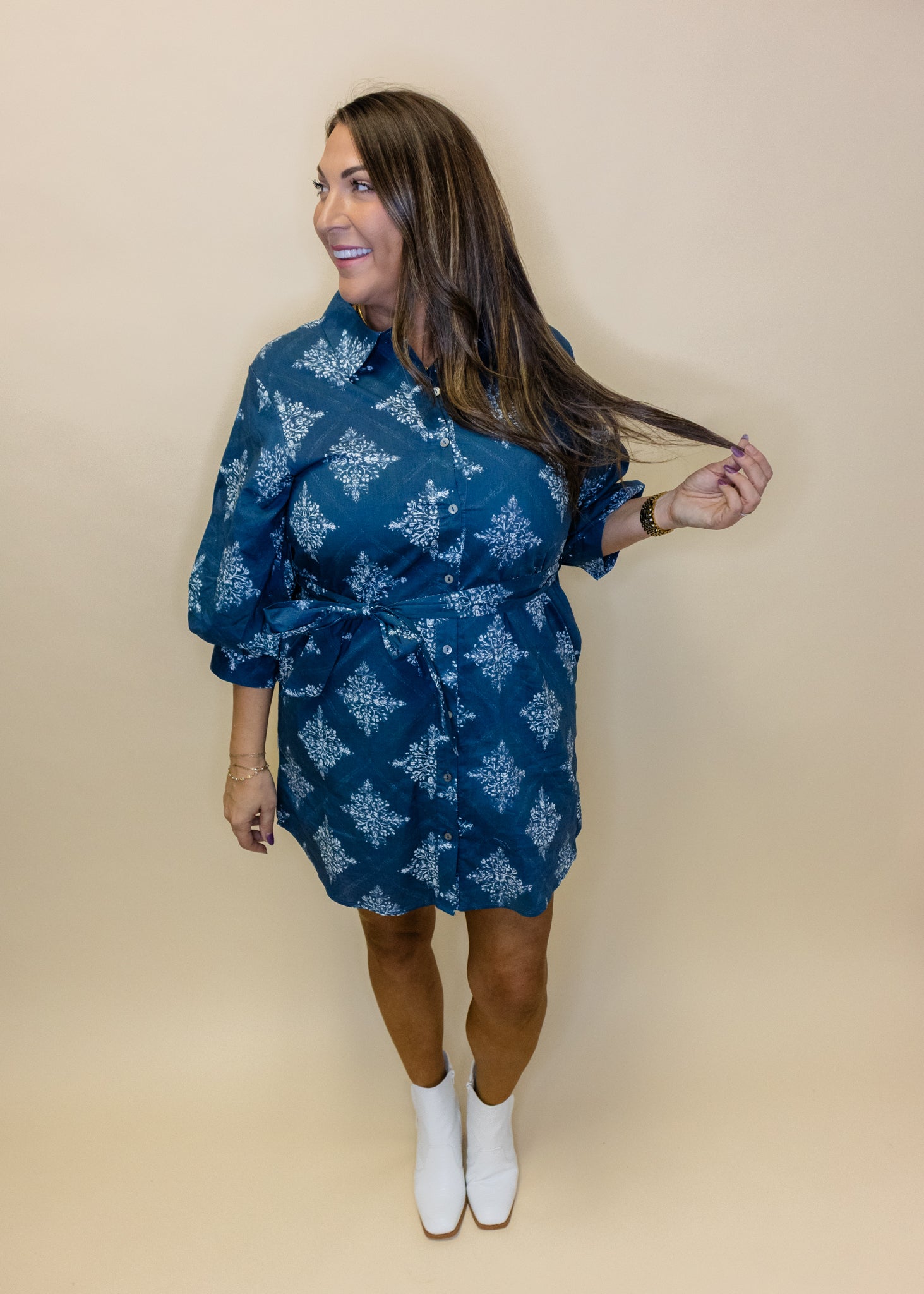 Navy Medallion Print 3/4 Sleeve Dress