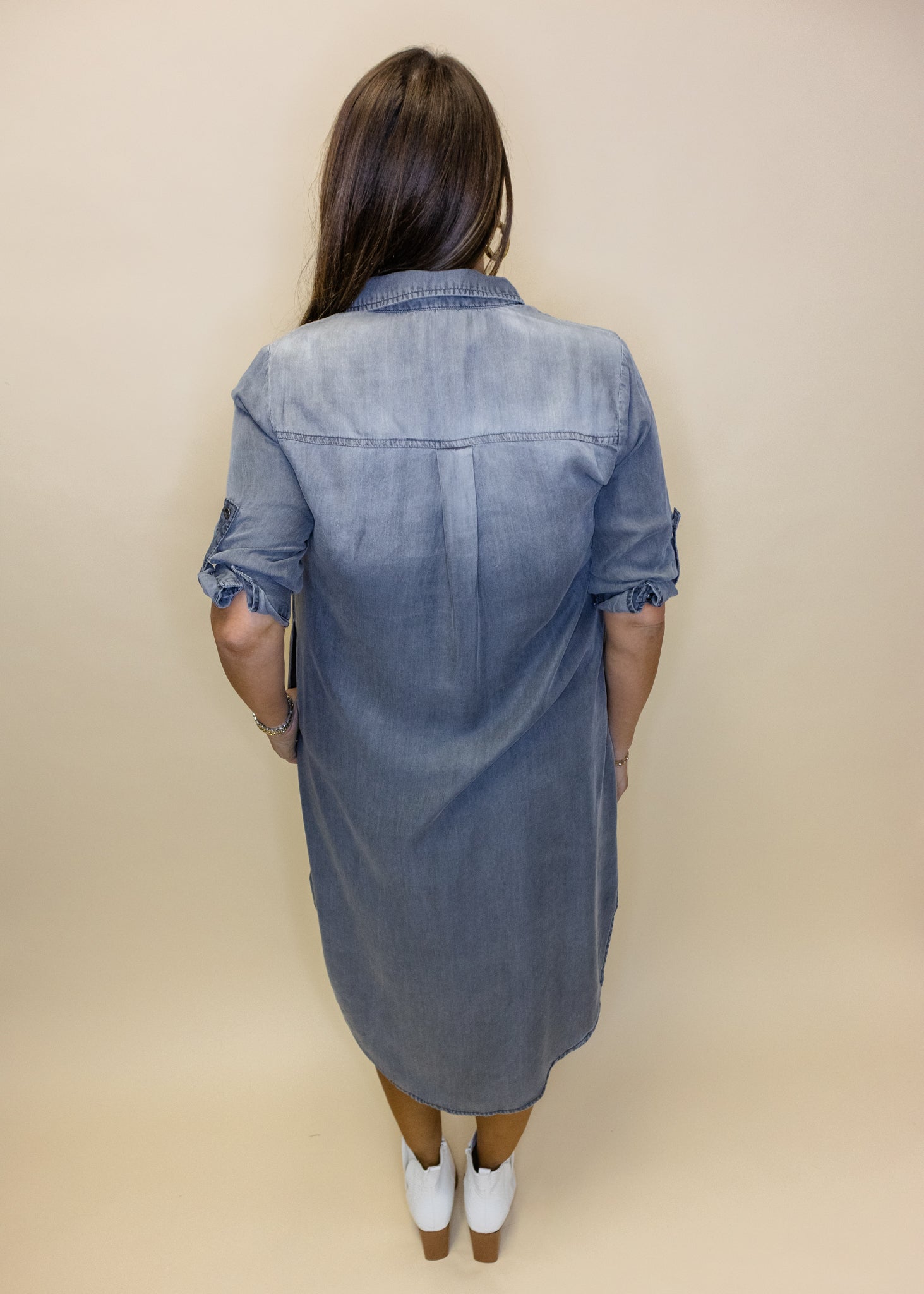 Grey Denim Button Midi Dress