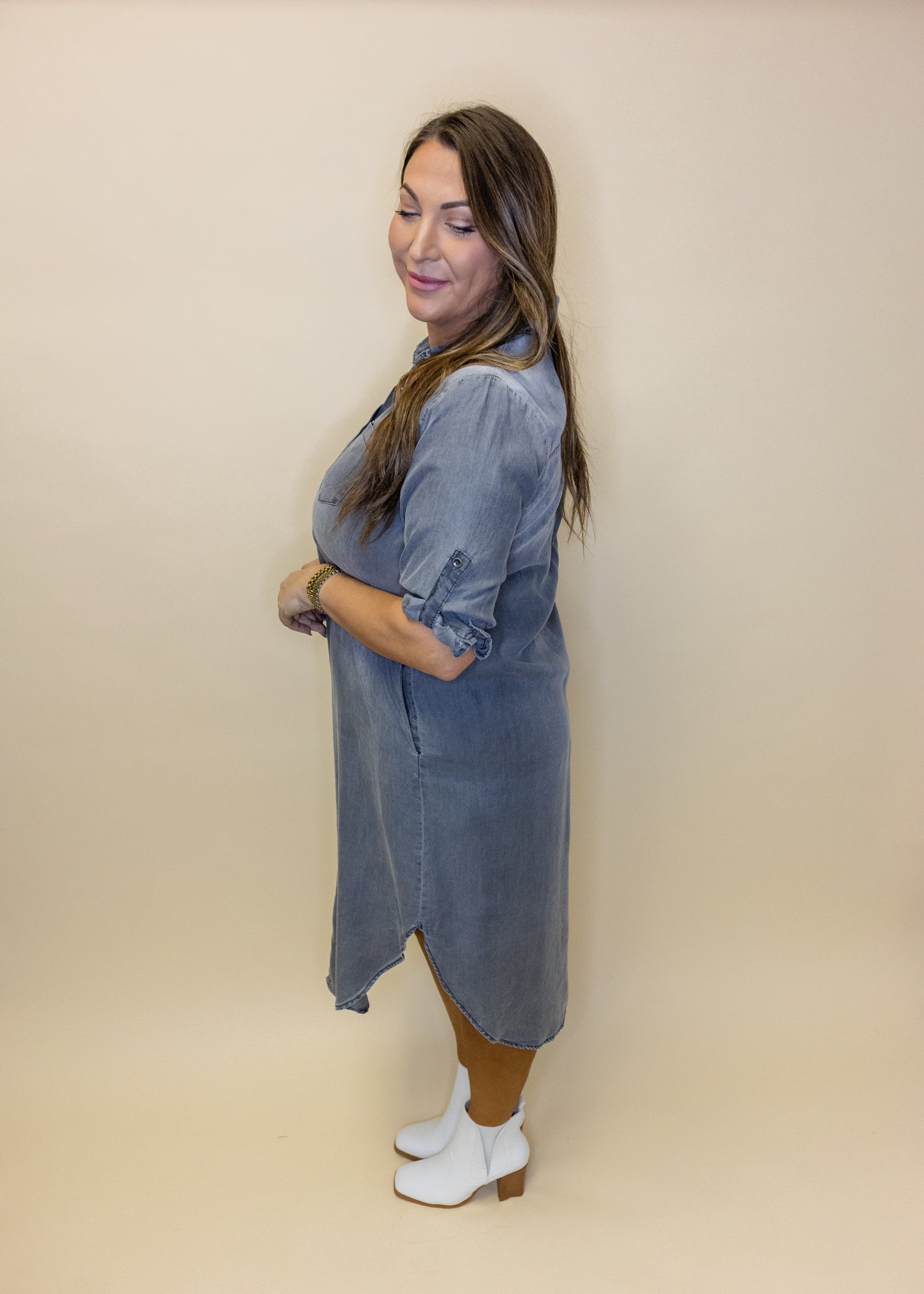 Grey Denim Button Midi Dress