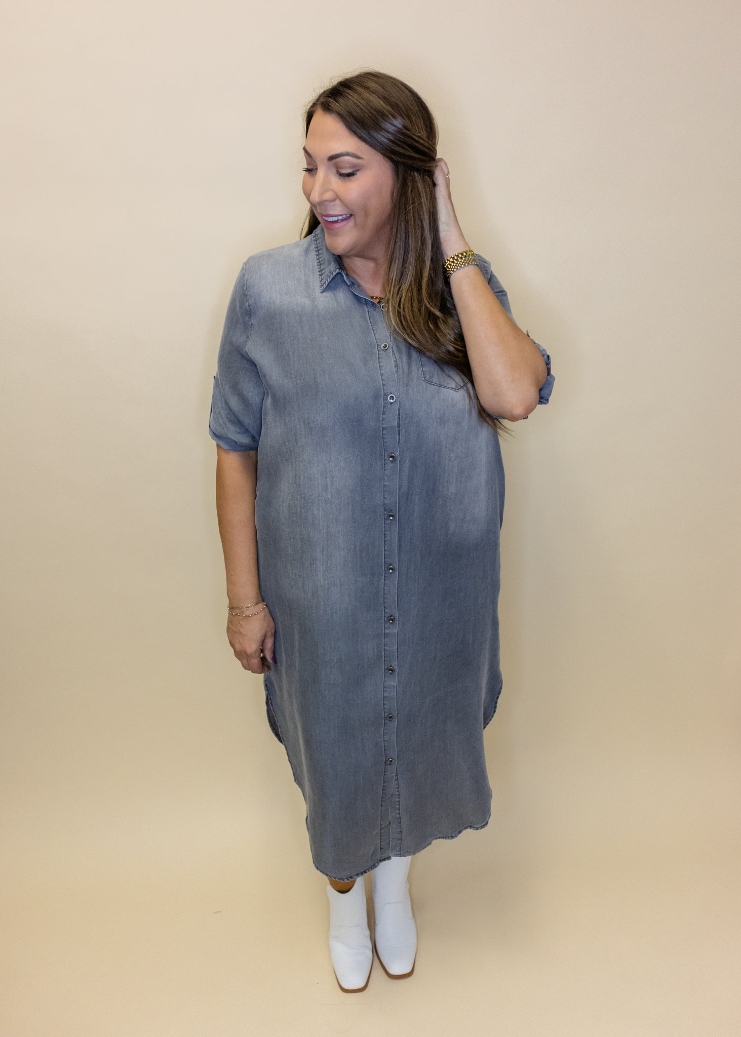Grey Denim Button Midi Dress
