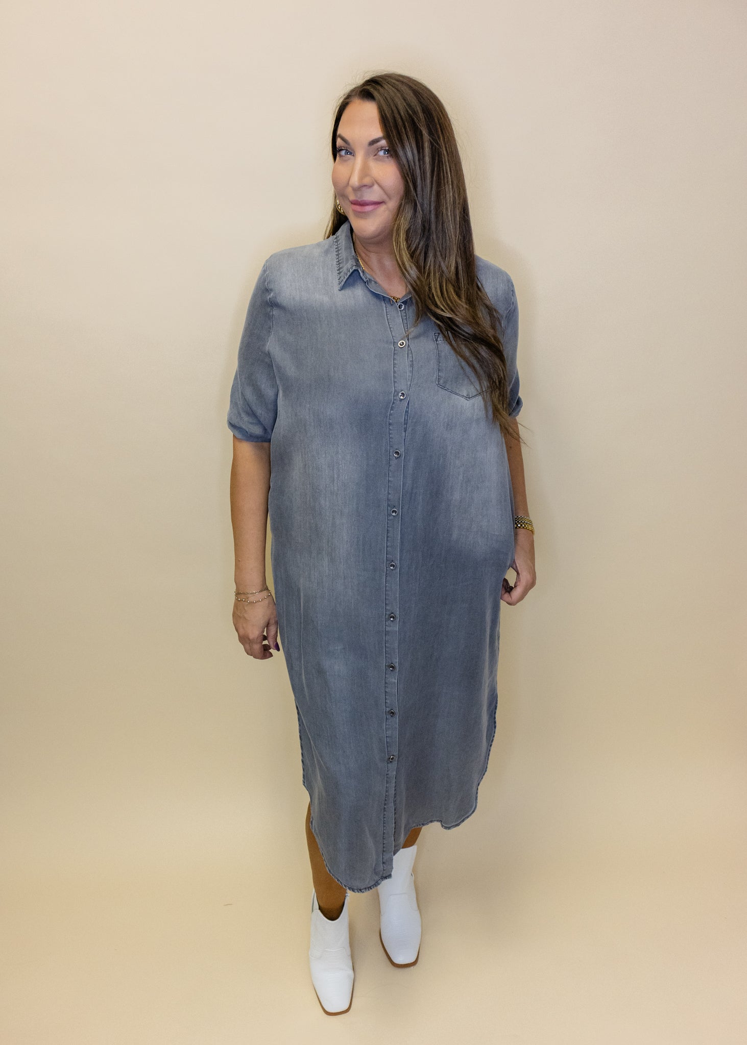 Grey Denim Button Midi Dress