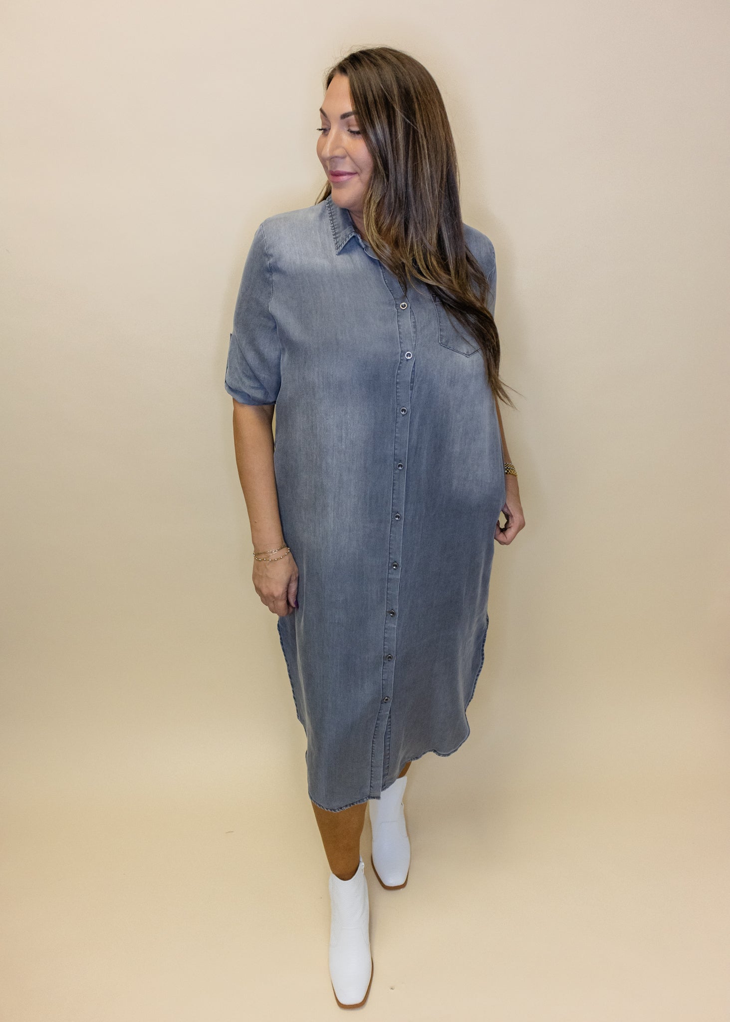 Grey Denim Button Midi Dress