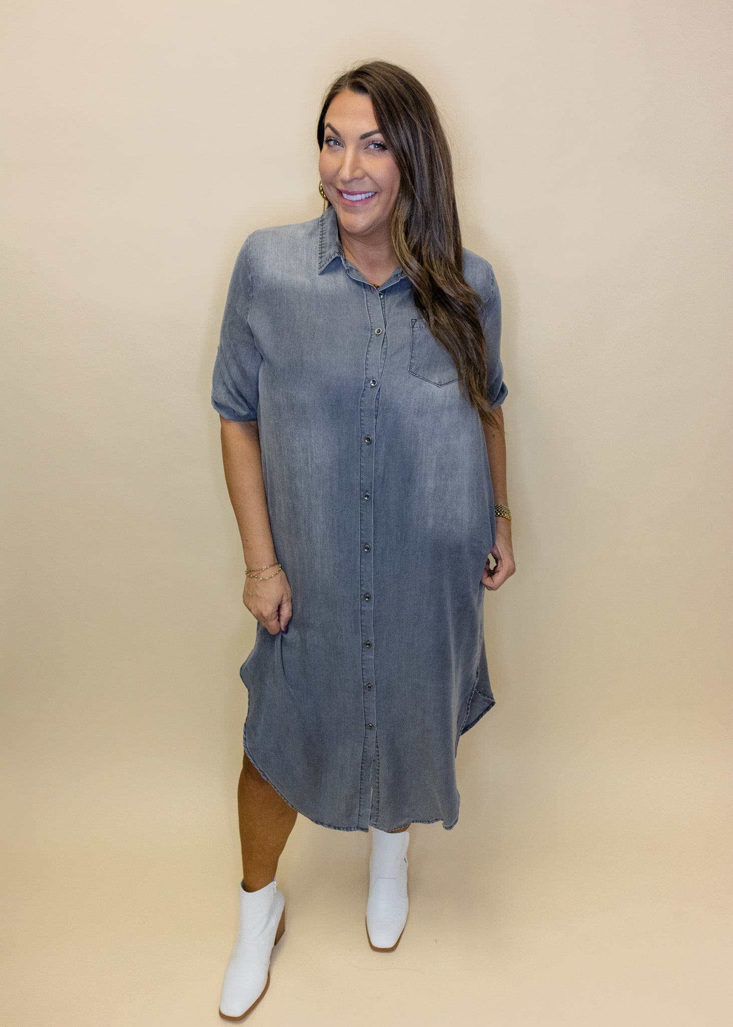Grey Denim Button Midi Dress