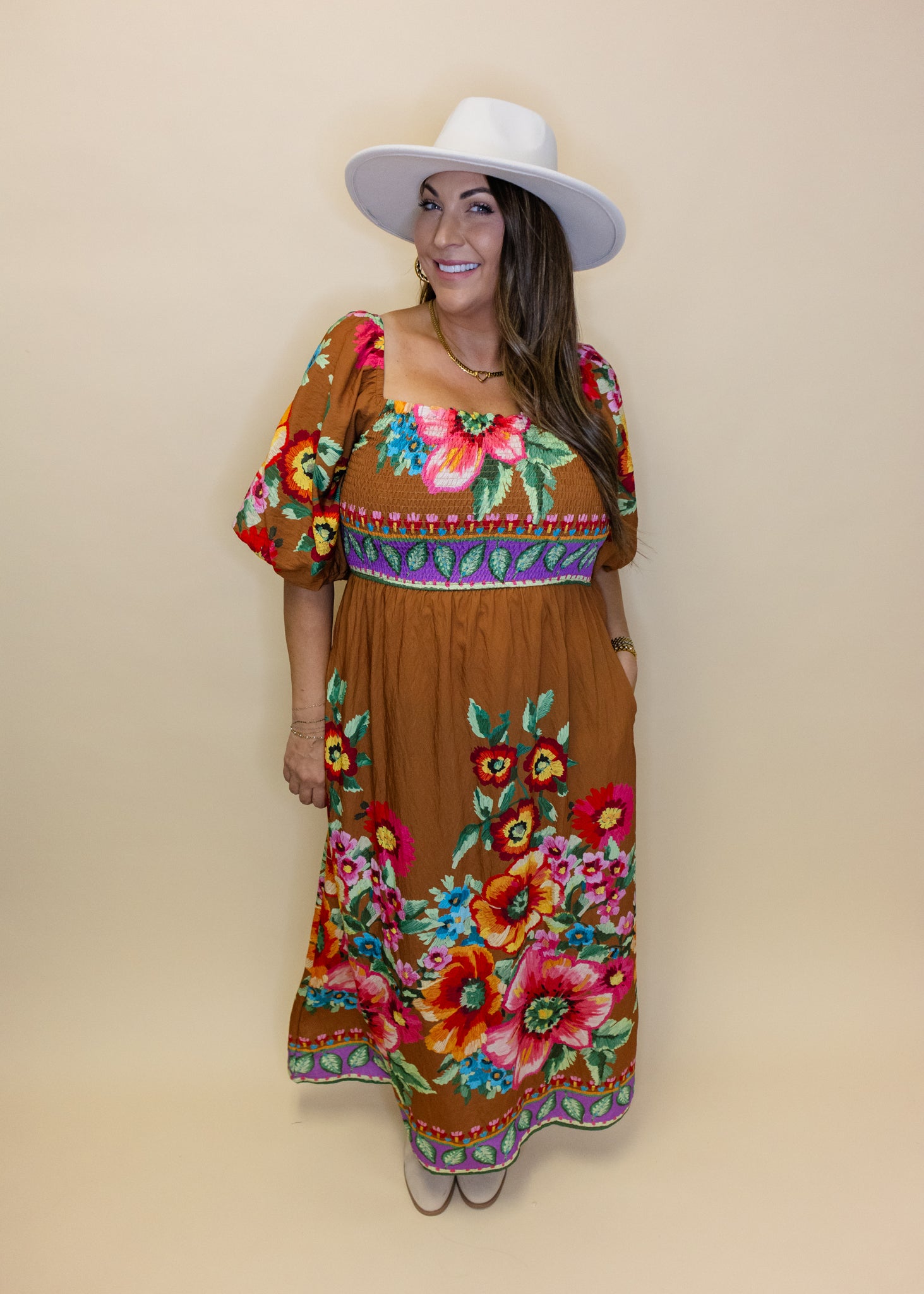 Camel Bold Floral Midi Dress