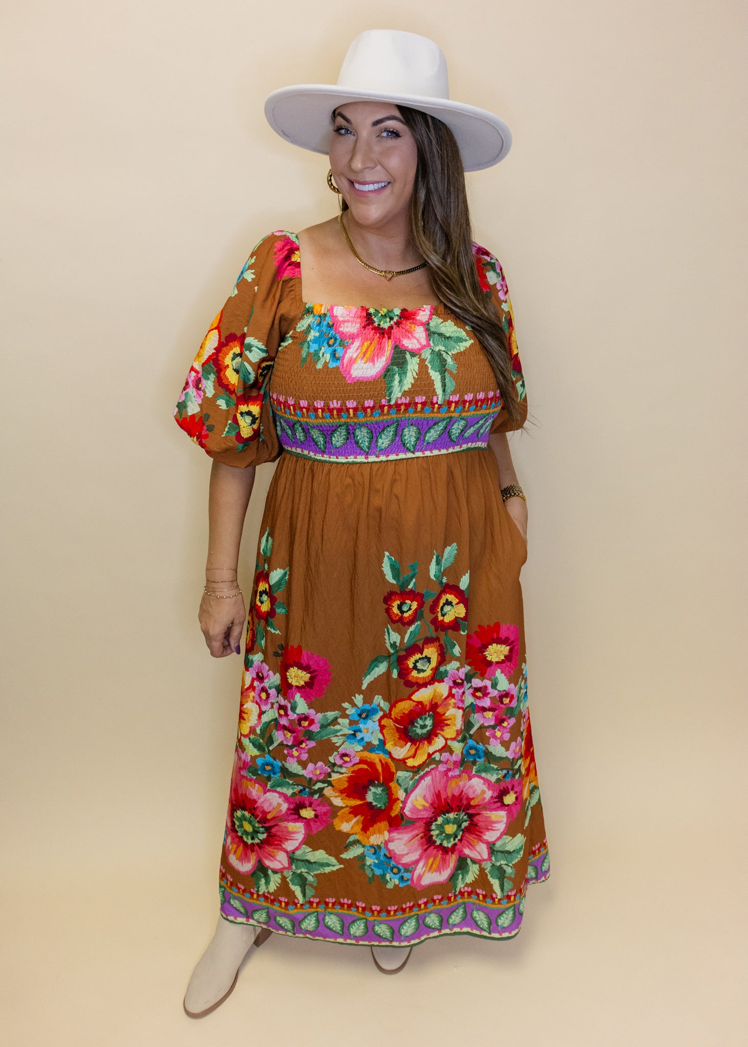 Camel Bold Floral Midi Dress