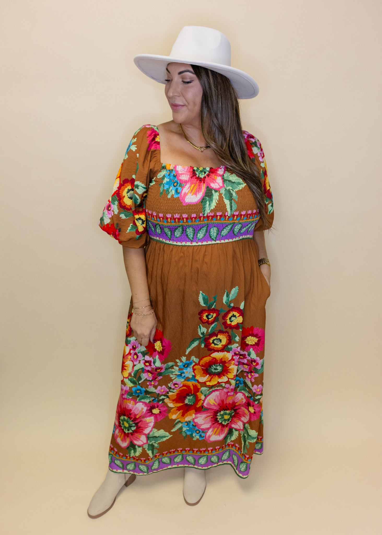 Camel Bold Floral Midi Dress