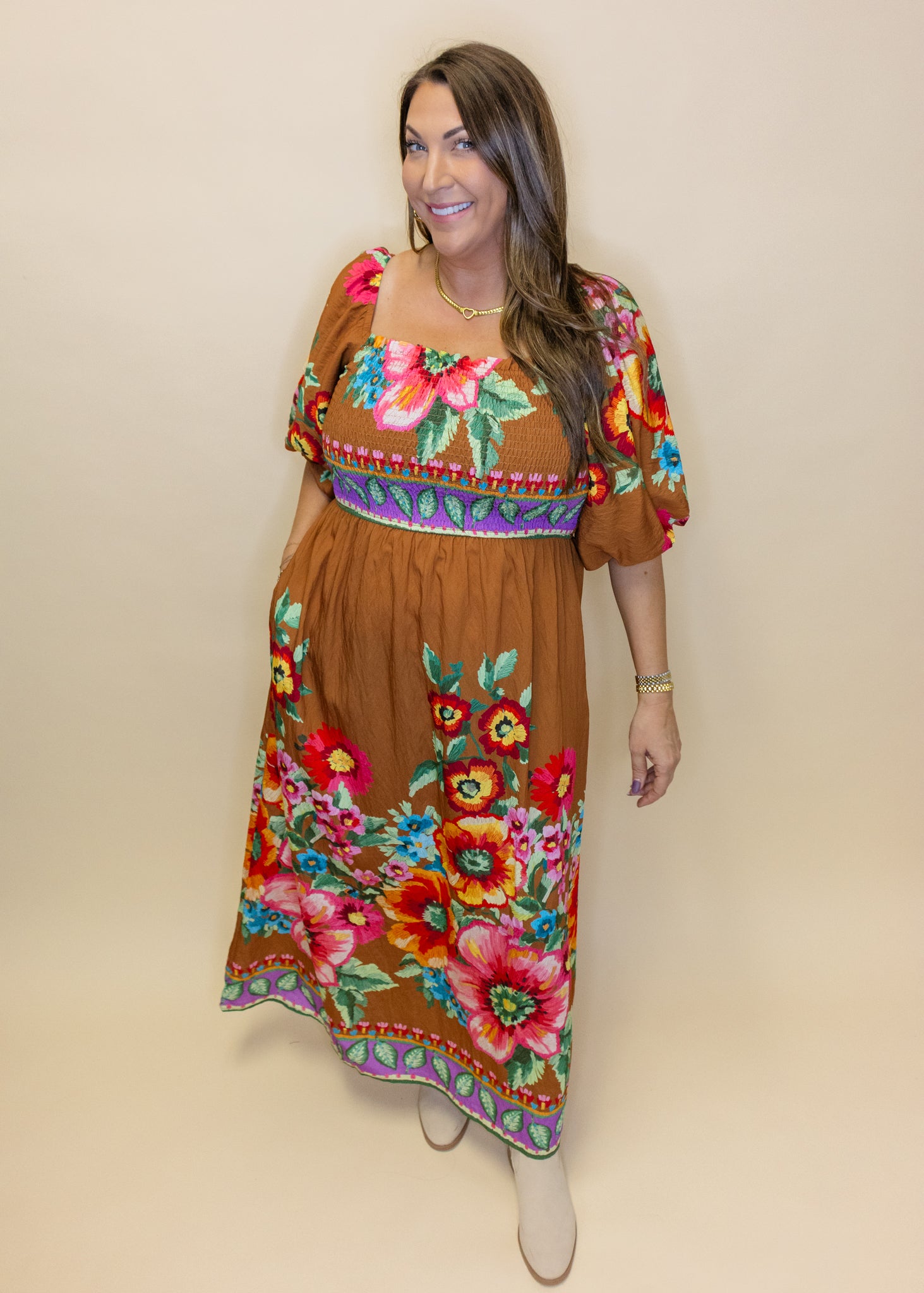 Camel Bold Floral Midi Dress