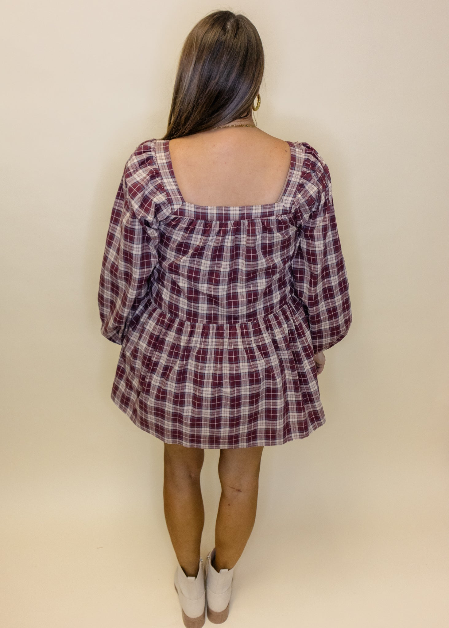 Burgundy Plaid Long Sleeve Dress