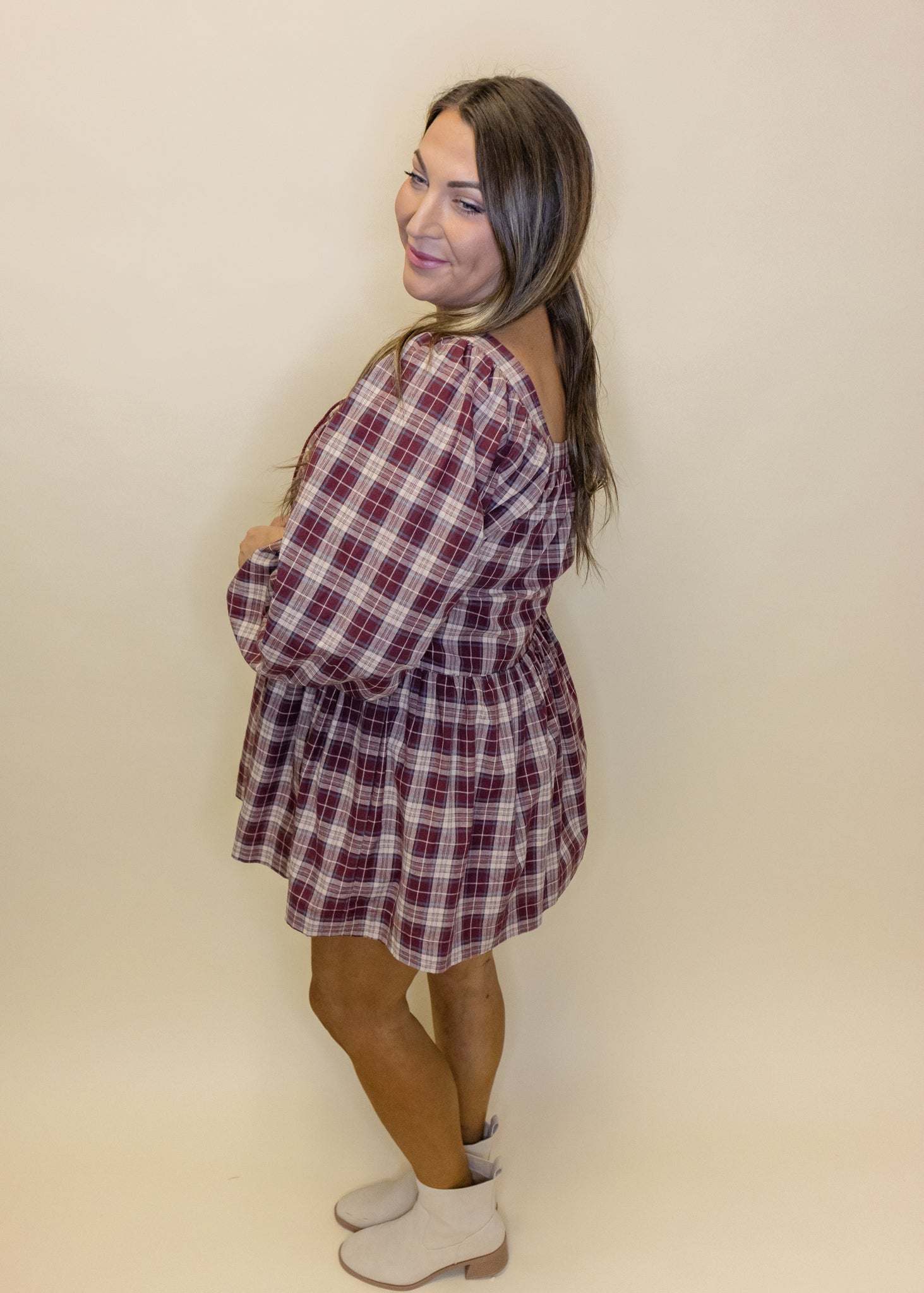Burgundy Plaid Long Sleeve Dress