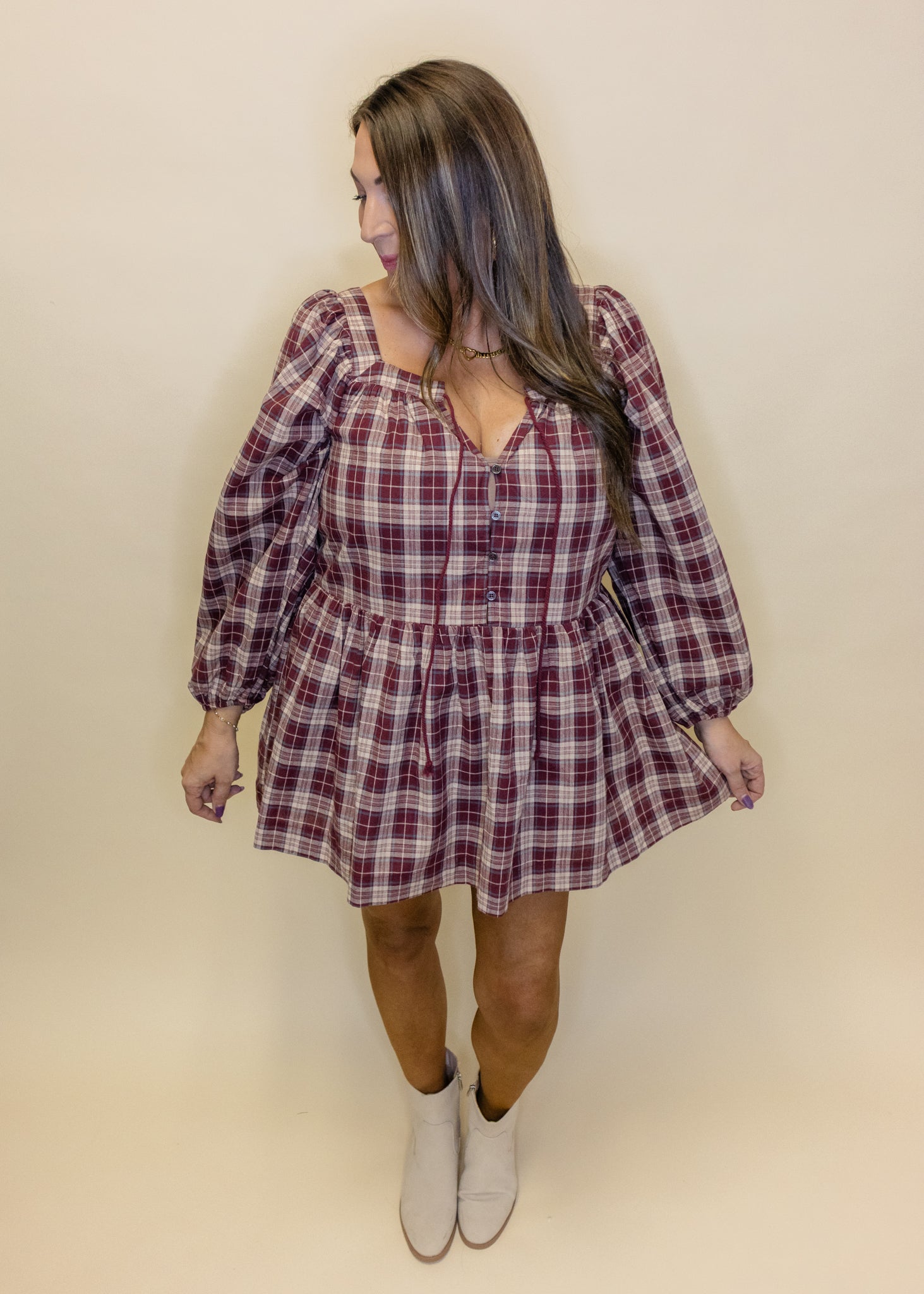 Burgundy Plaid Long Sleeve Dress